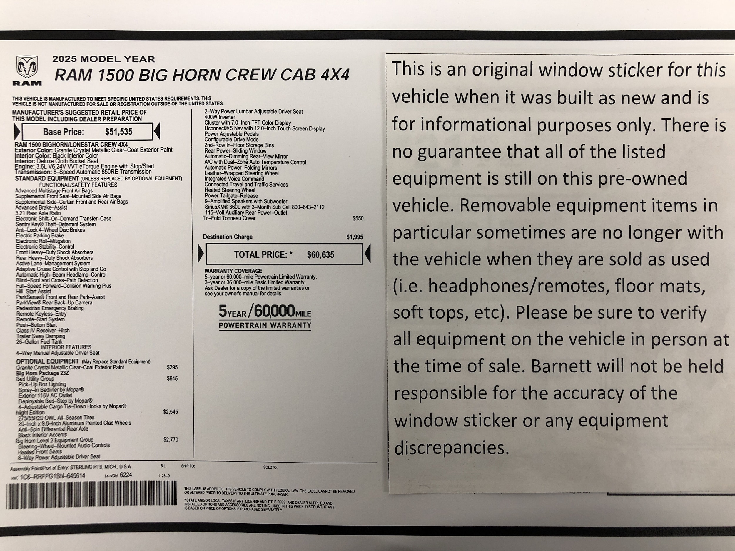 Certified 2025 RAM Ram 1500 Pickup Big Horn/Lone Star with VIN 1C6RRFFG1SN645614 for sale in White Bear Township, Minnesota