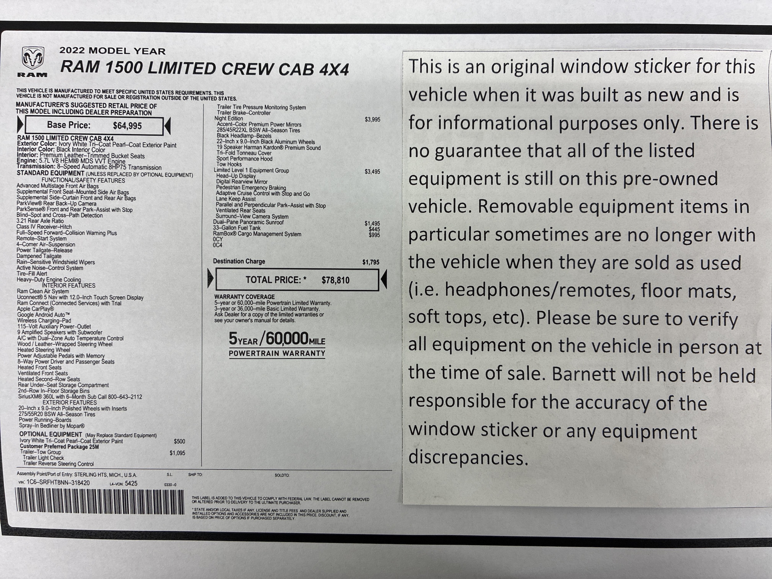 Used 2022 RAM Ram 1500 Pickup Limited with VIN 1C6SRFHT8NN318420 for sale in White Bear Township, Minnesota