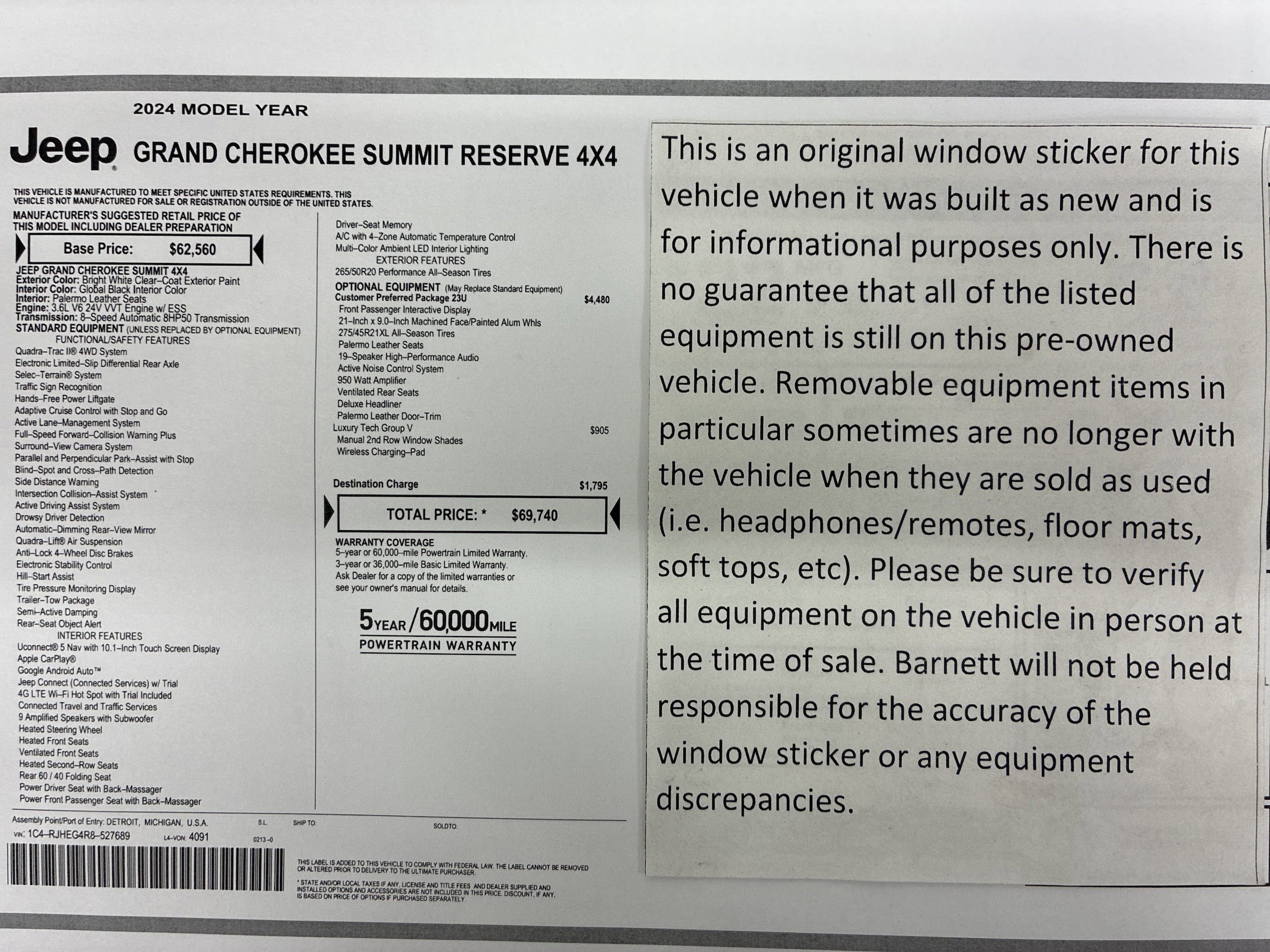 Certified 2024 Jeep Grand Cherokee Summit Reserve with VIN 1C4RJHEG4R8527689 for sale in White Bear Lake, Minnesota