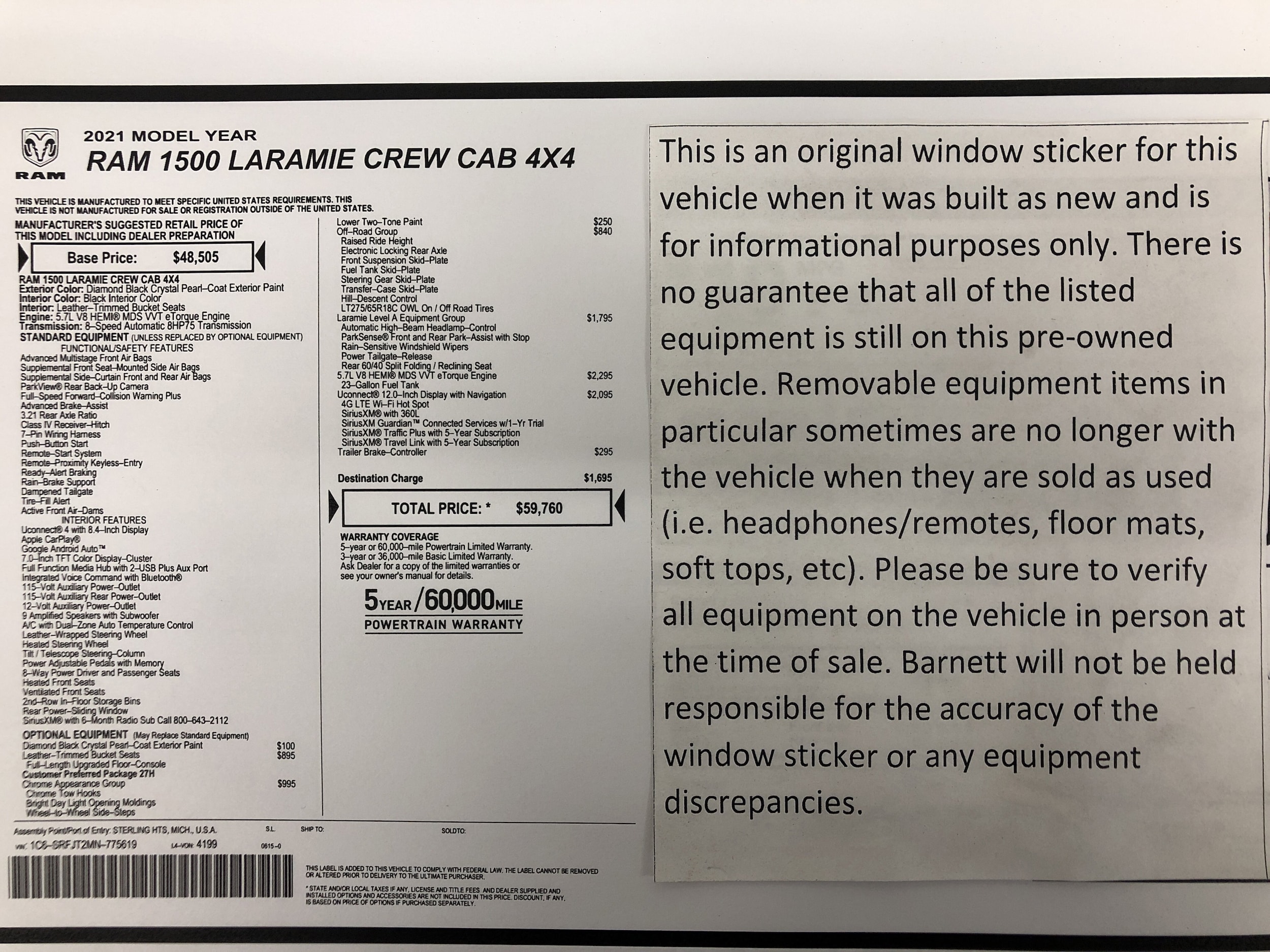 Used 2021 RAM Ram 1500 Pickup Laramie with VIN 1C6SRFJT2MN775619 for sale in White Bear Lake, Minnesota