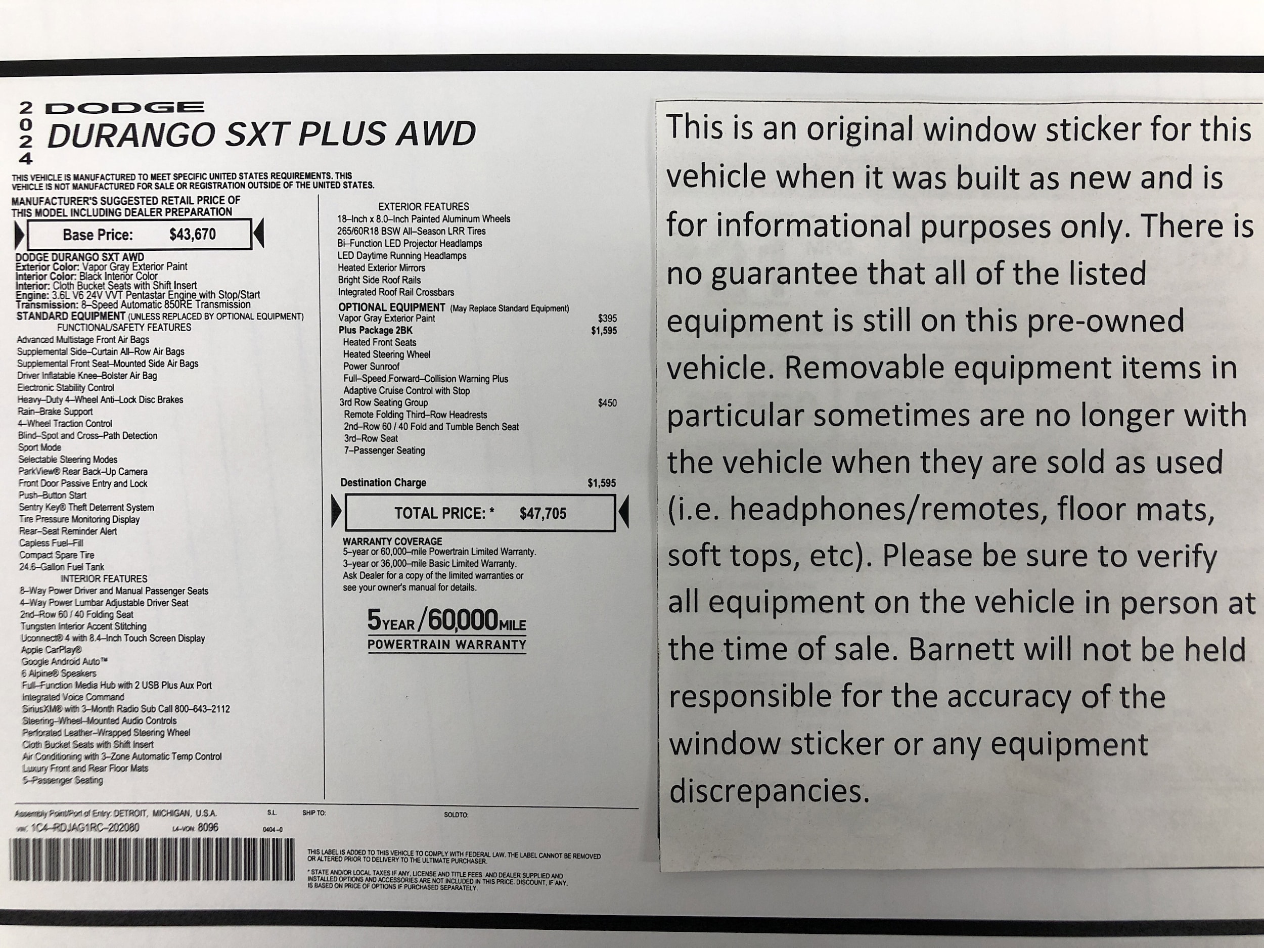 Used 2024 Dodge Durango SXT with VIN 1C4RDJAG1RC202080 for sale in White Bear Lake, Minnesota