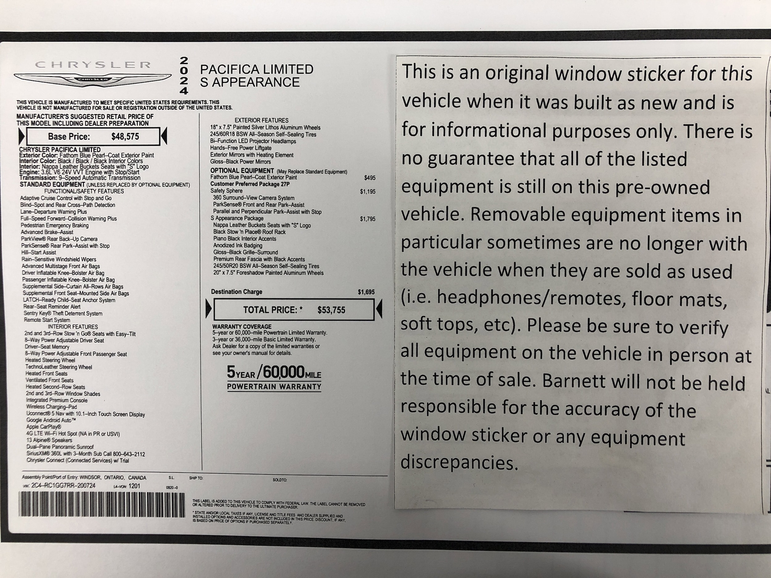 Certified 2024 Chrysler Pacifica Limited with VIN 2C4RC1GG7RR200724 for sale in White Bear Lake, Minnesota