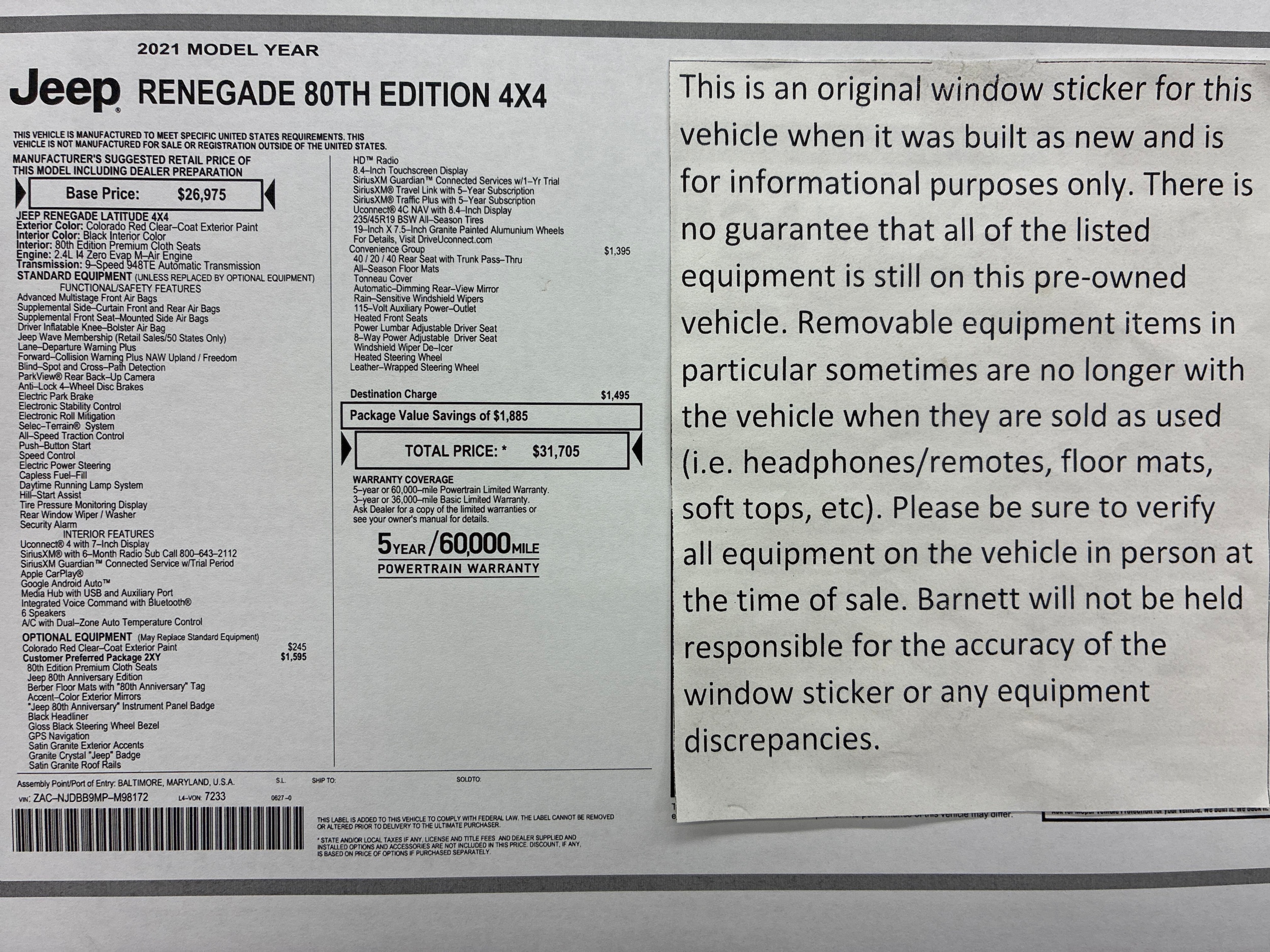 Used 2021 Jeep Renegade 80TH Edition with VIN ZACNJDBB9MPM98172 for sale in White Bear Lake, Minnesota