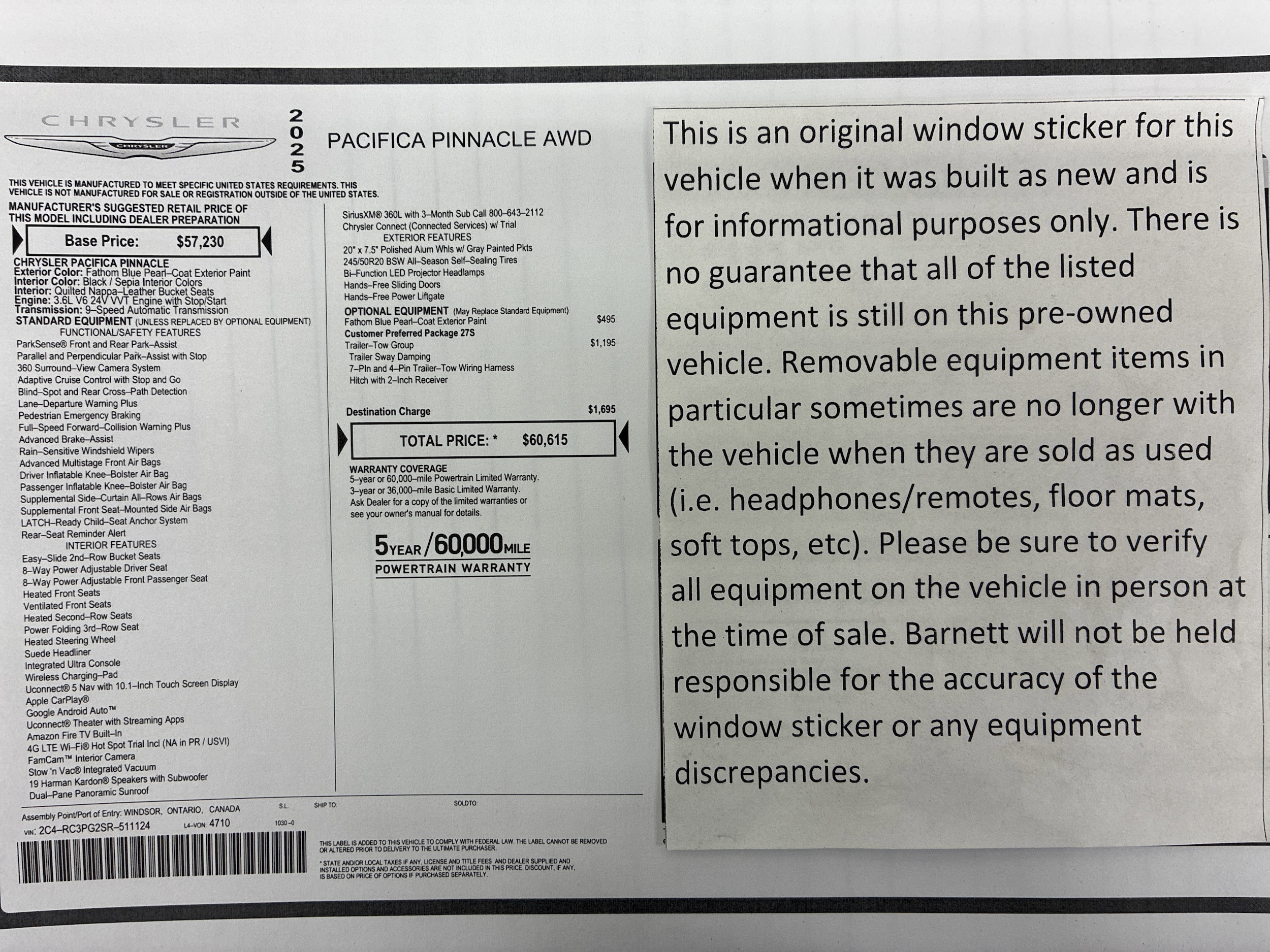 Certified 2025 Chrysler Pacifica Pinnacle with VIN 2C4RC3PG2SR511124 for sale in White Bear Lake, Minnesota