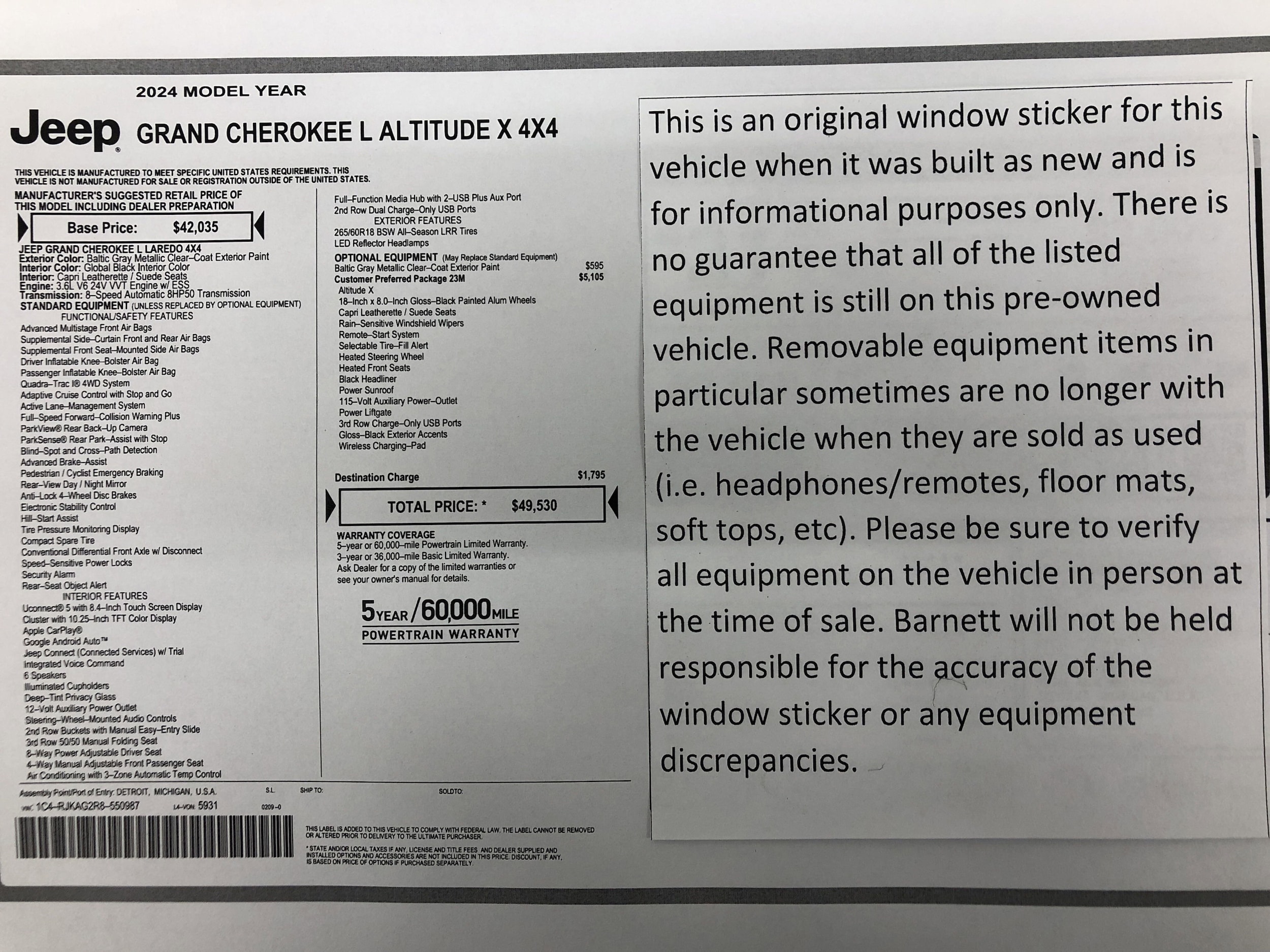 Used 2024 Jeep Grand Cherokee L Altitude with VIN 1C4RJKAG2R8550987 for sale in White Bear Lake, Minnesota