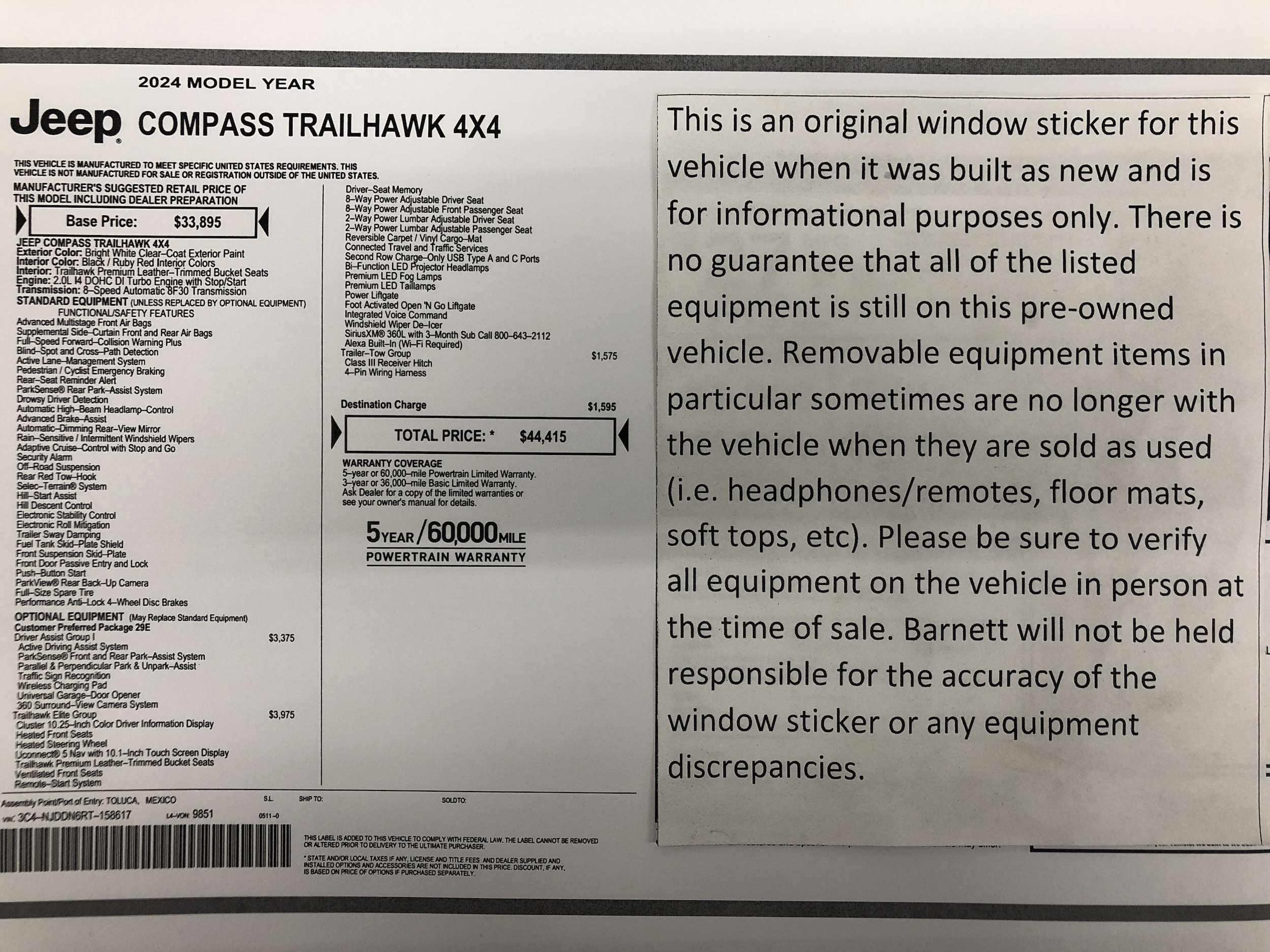 Certified 2024 Jeep Compass Trailhawk with VIN 3C4NJDDN6RT158617 for sale in White Bear Lake, Minnesota