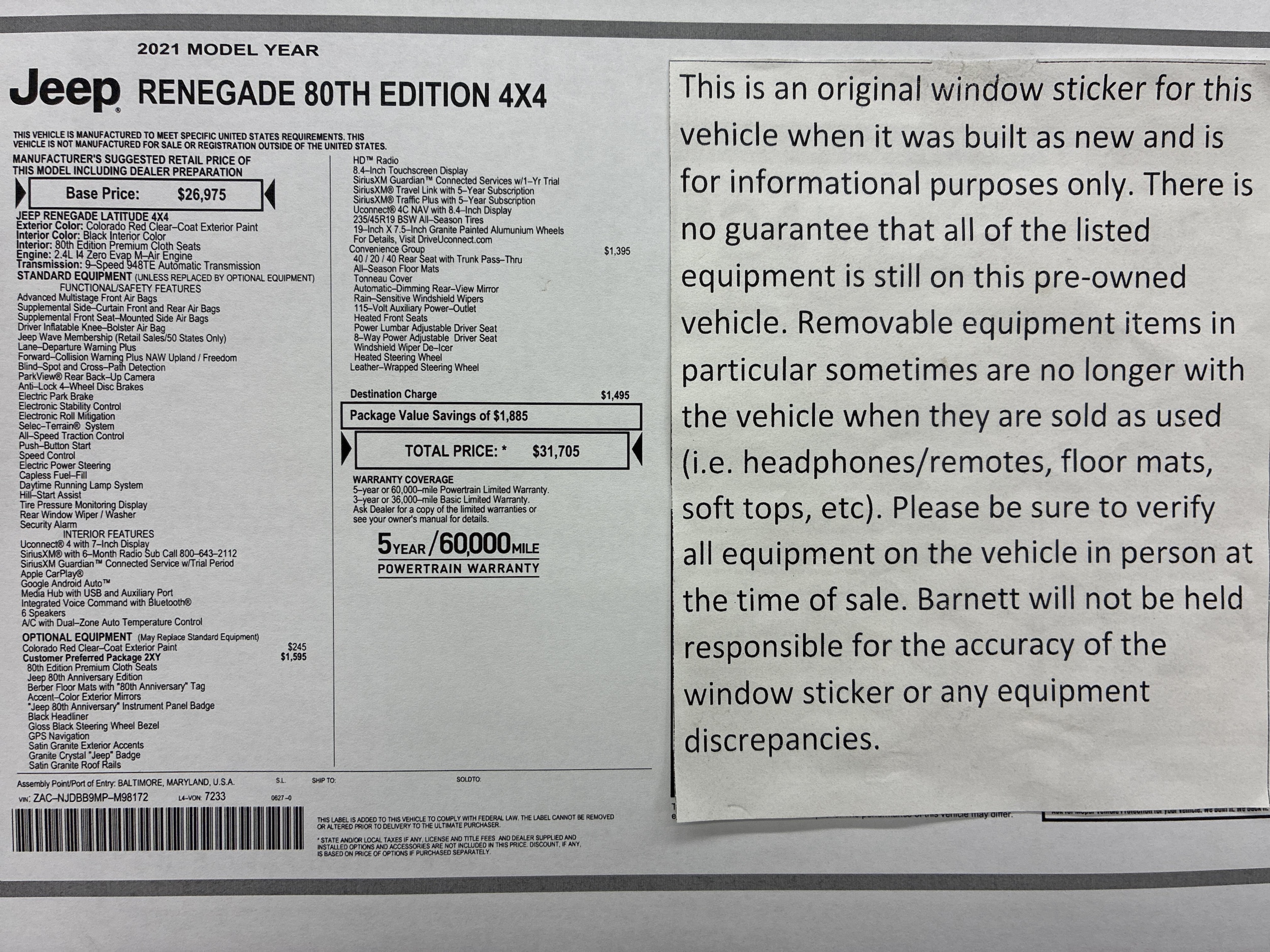 Used 2021 Jeep Renegade 80TH Edition with VIN ZACNJDBB9MPM98172 for sale in White Bear Lake, Minnesota
