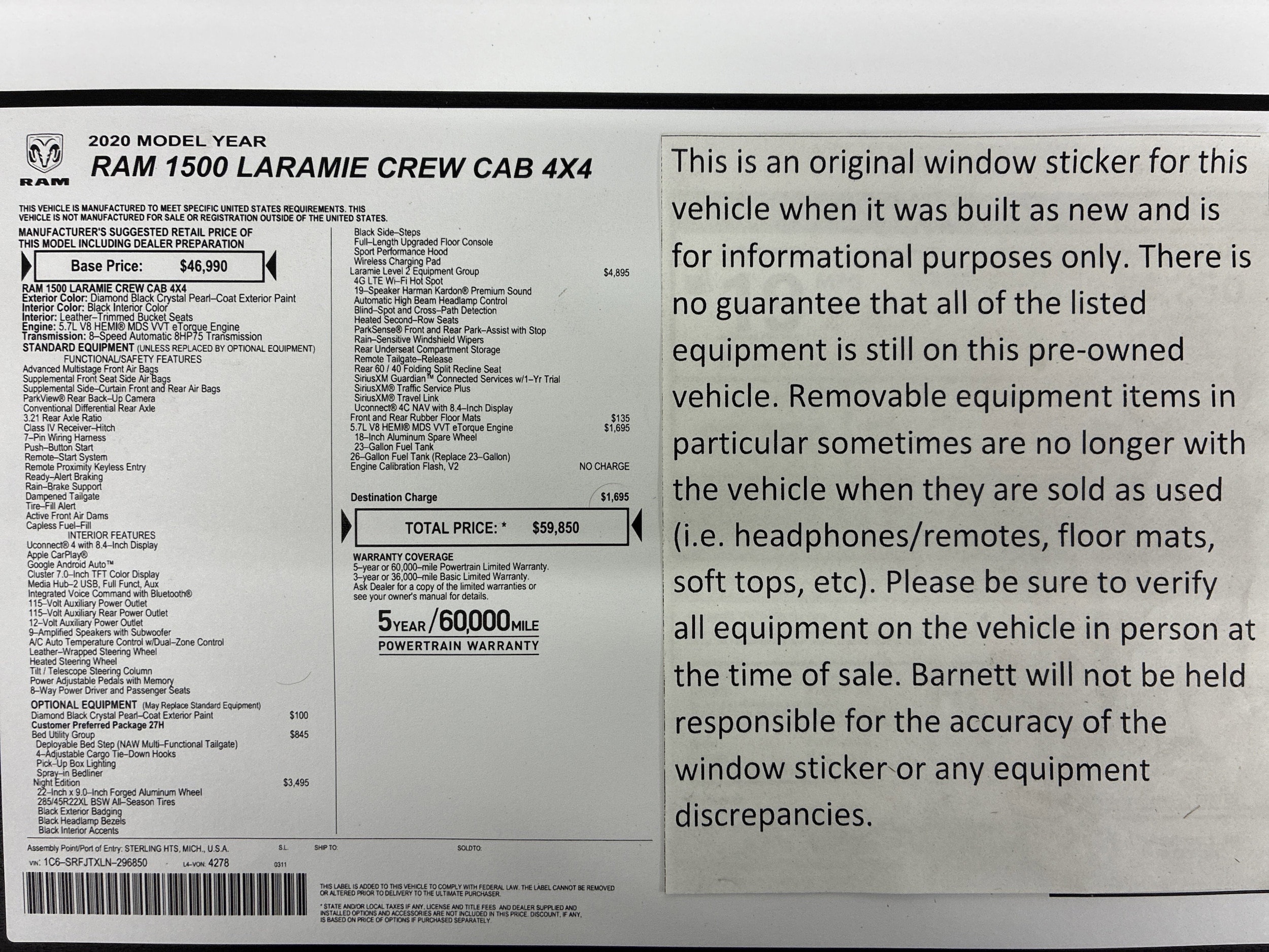 Used 2020 RAM Ram 1500 Pickup Laramie with VIN 1C6SRFJTXLN296850 for sale in White Bear Lake, Minnesota