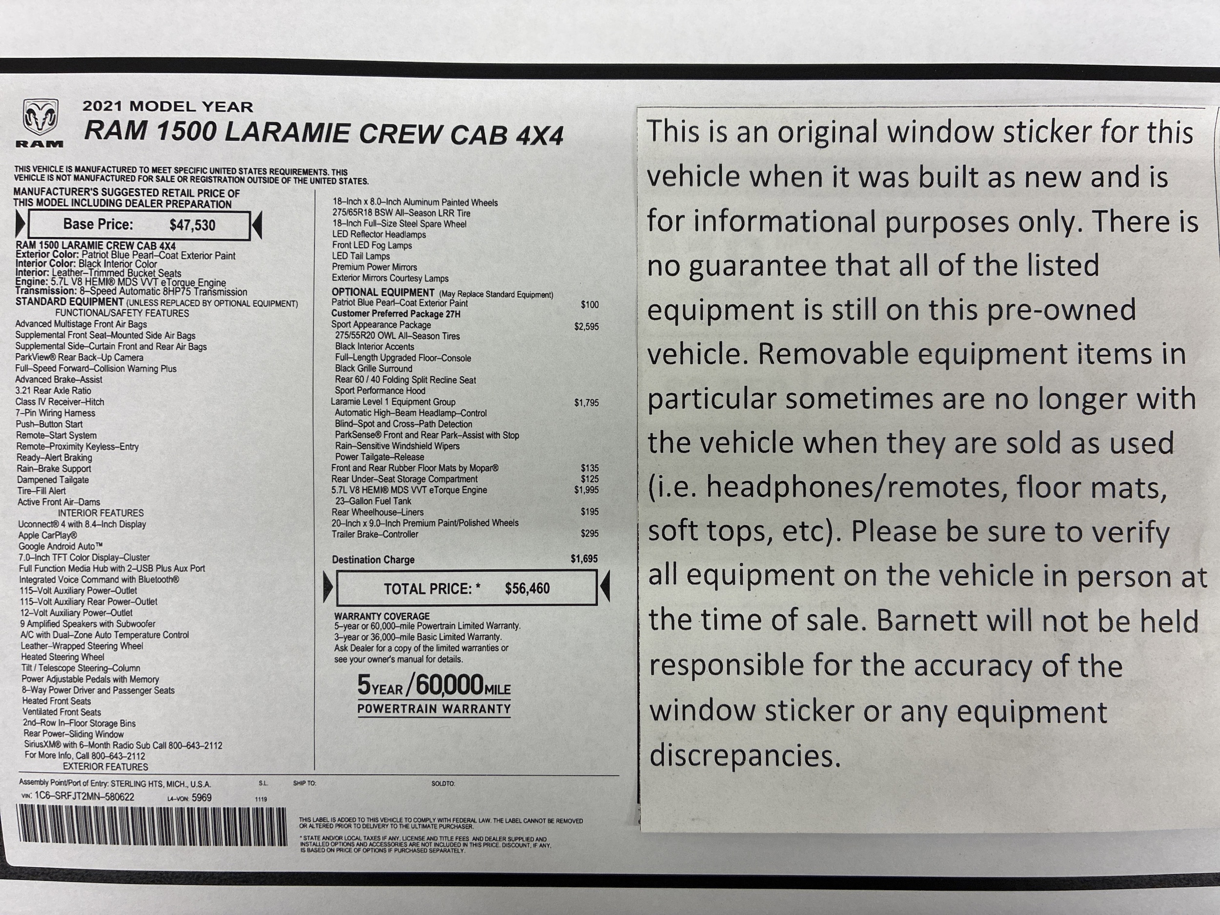 Used 2021 RAM Ram 1500 Pickup Laramie with VIN 1C6SRFJT2MN580622 for sale in White Bear Lake, Minnesota