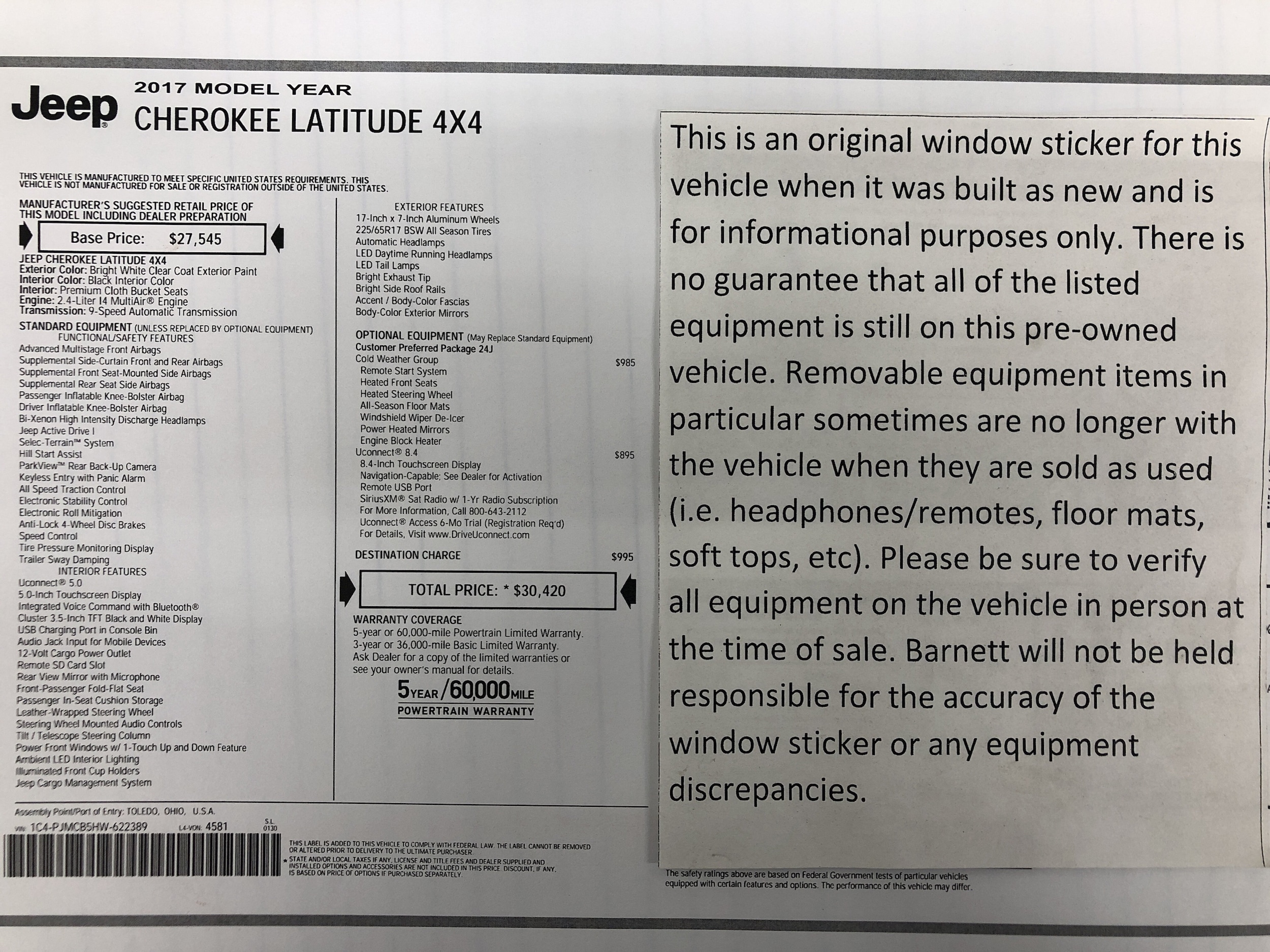Used 2017 Jeep Cherokee Latitude with VIN 1C4PJMCB5HW622389 for sale in White Bear Township, MN