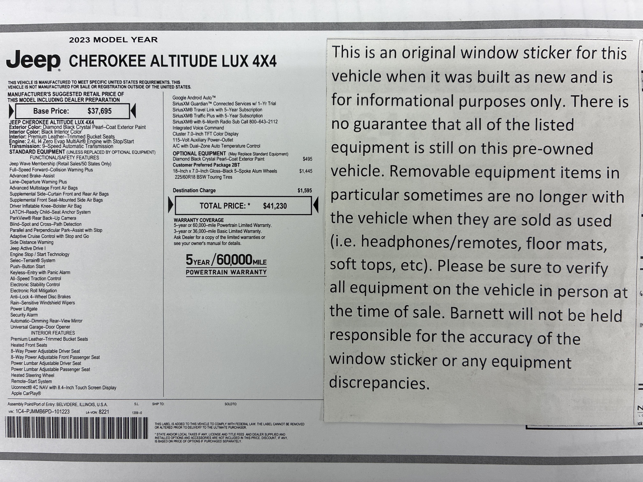 Certified 2023 Jeep Cherokee Altitude Lux with VIN 1C4PJMMB6PD101223 for sale in White Bear Township, Minnesota