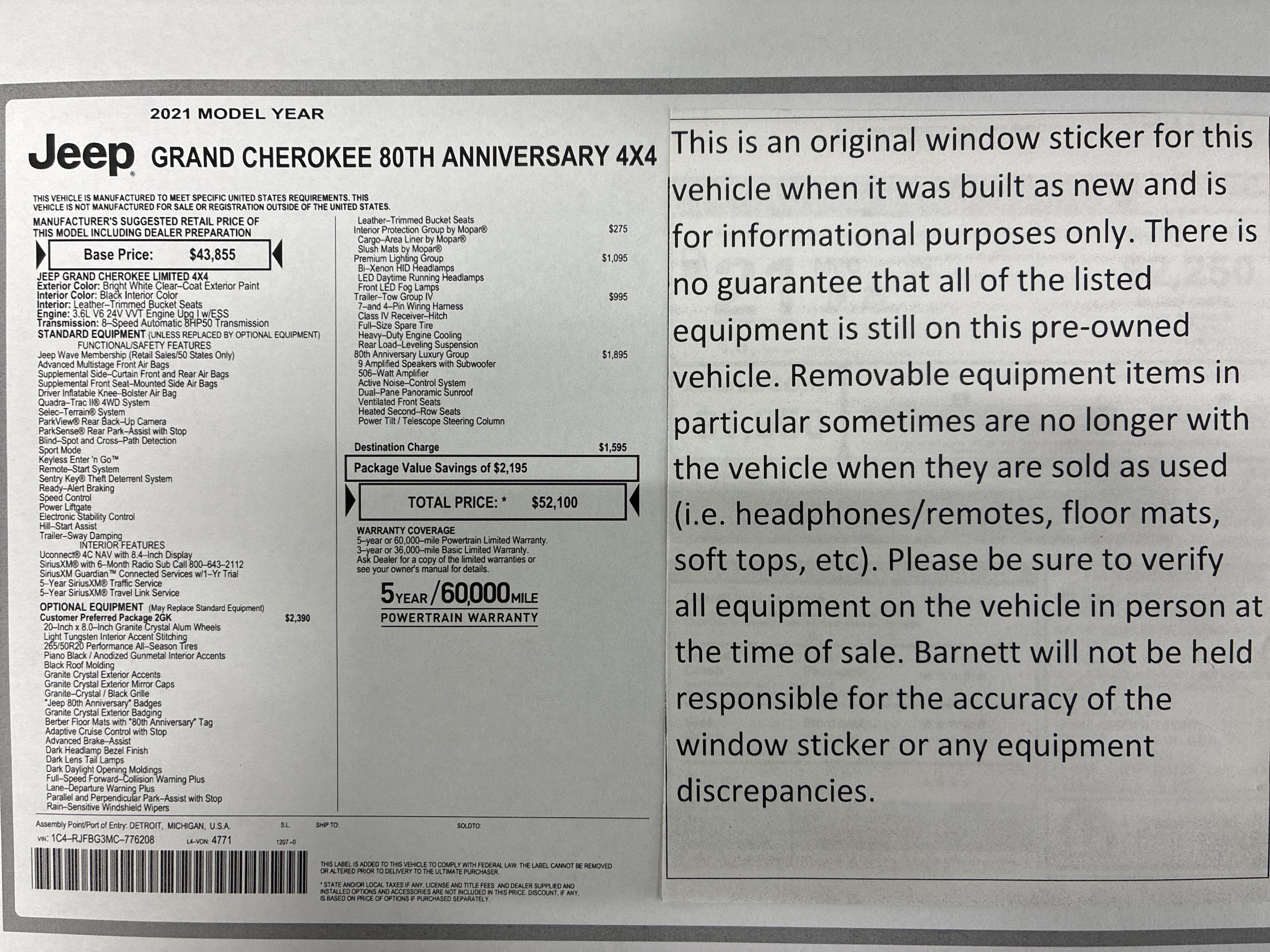 Used 2021 Jeep Grand Cherokee 80th Edition with VIN 1C4RJFBG3MC776208 for sale in White Bear Lake, Minnesota