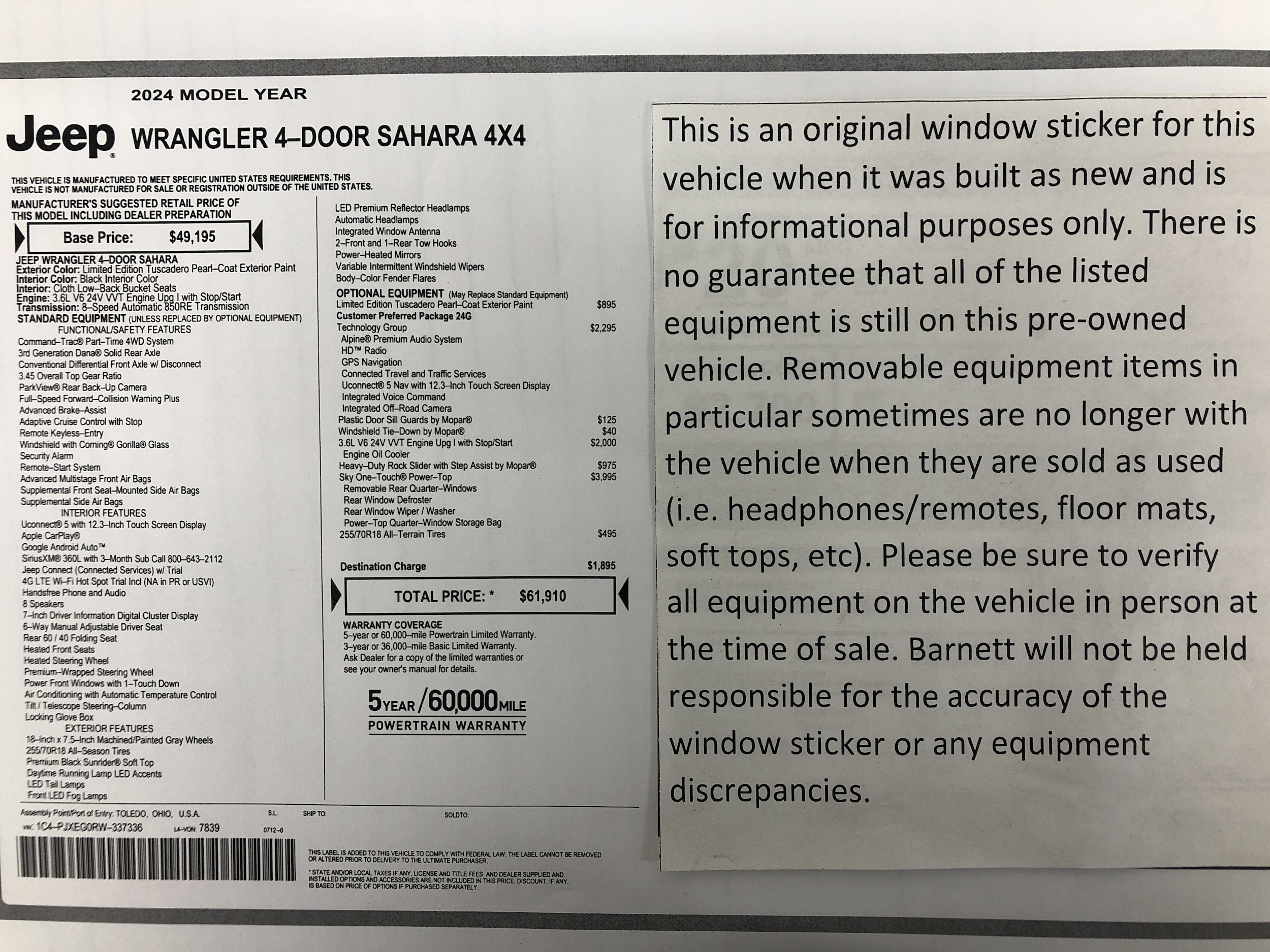 Used 2024 Jeep Wrangler 4-Door Sahara with VIN 1C4PJXEG0RW337336 for sale in White Bear Lake, Minnesota