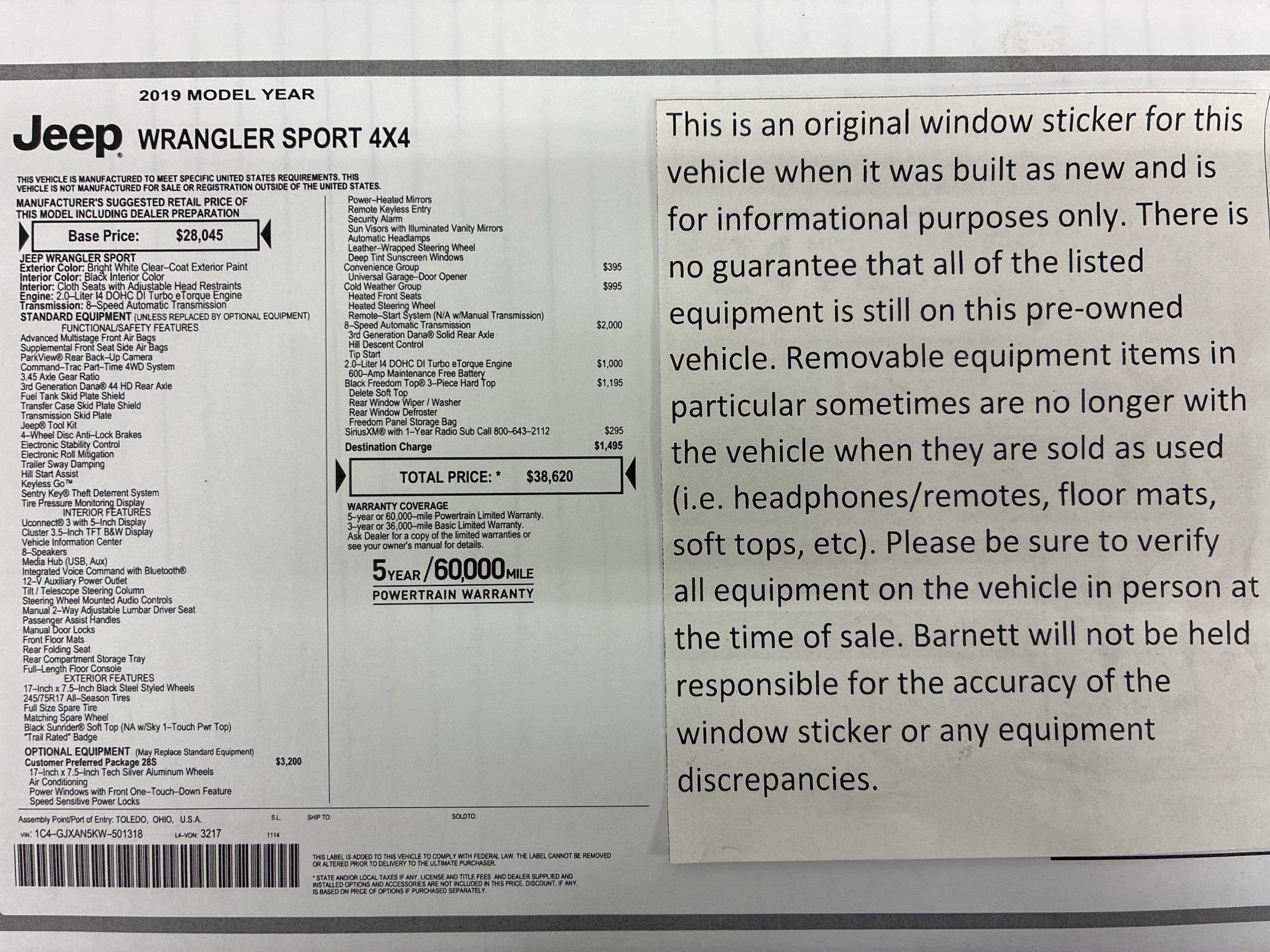 Used 2019 Jeep Wrangler Sport S with VIN 1C4GJXAN5KW501318 for sale in White Bear Township, Minnesota