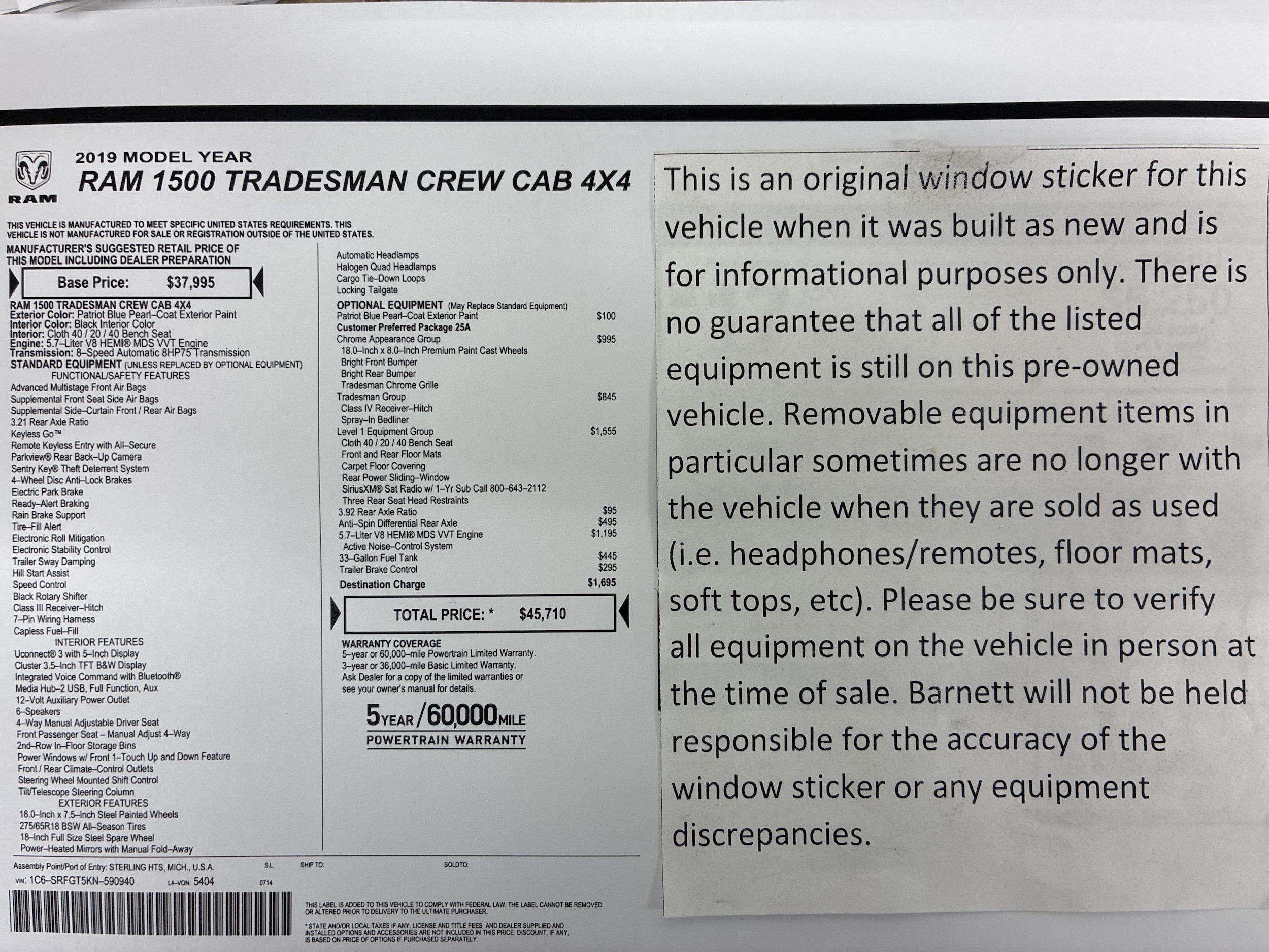 Used 2019 RAM Ram 1500 Pickup Tradesman with VIN 1C6SRFGT5KN590940 for sale in Saint Paul, Minnesota