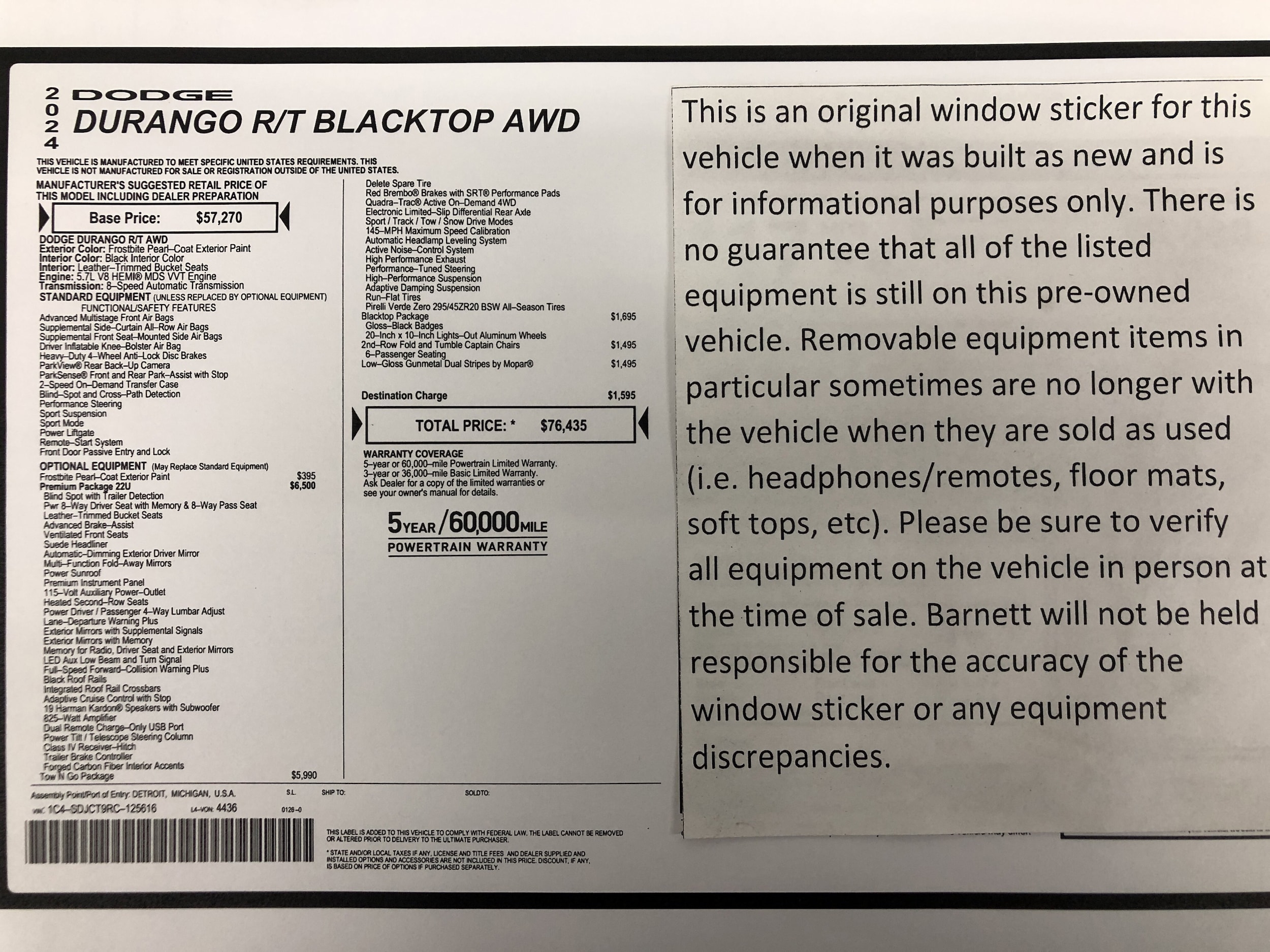 Certified 2024 Dodge Durango R/T with VIN 1C4SDJCT9RC125616 for sale in White Bear Lake, Minnesota