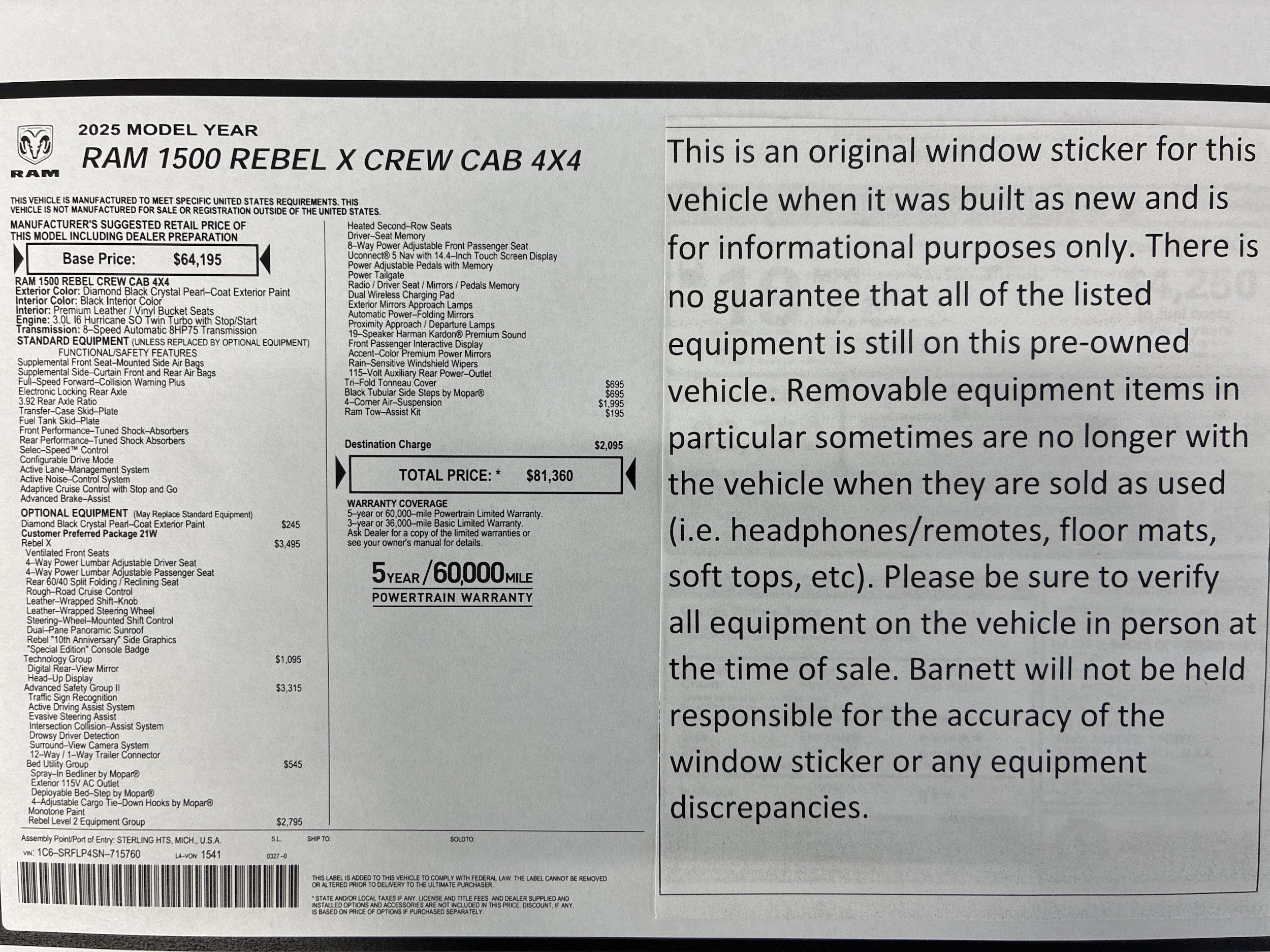 Certified 2025 RAM Ram 1500 Pickup Rebel with VIN 1C6SRFLP4SN715760 for sale in White Bear Township, Minnesota