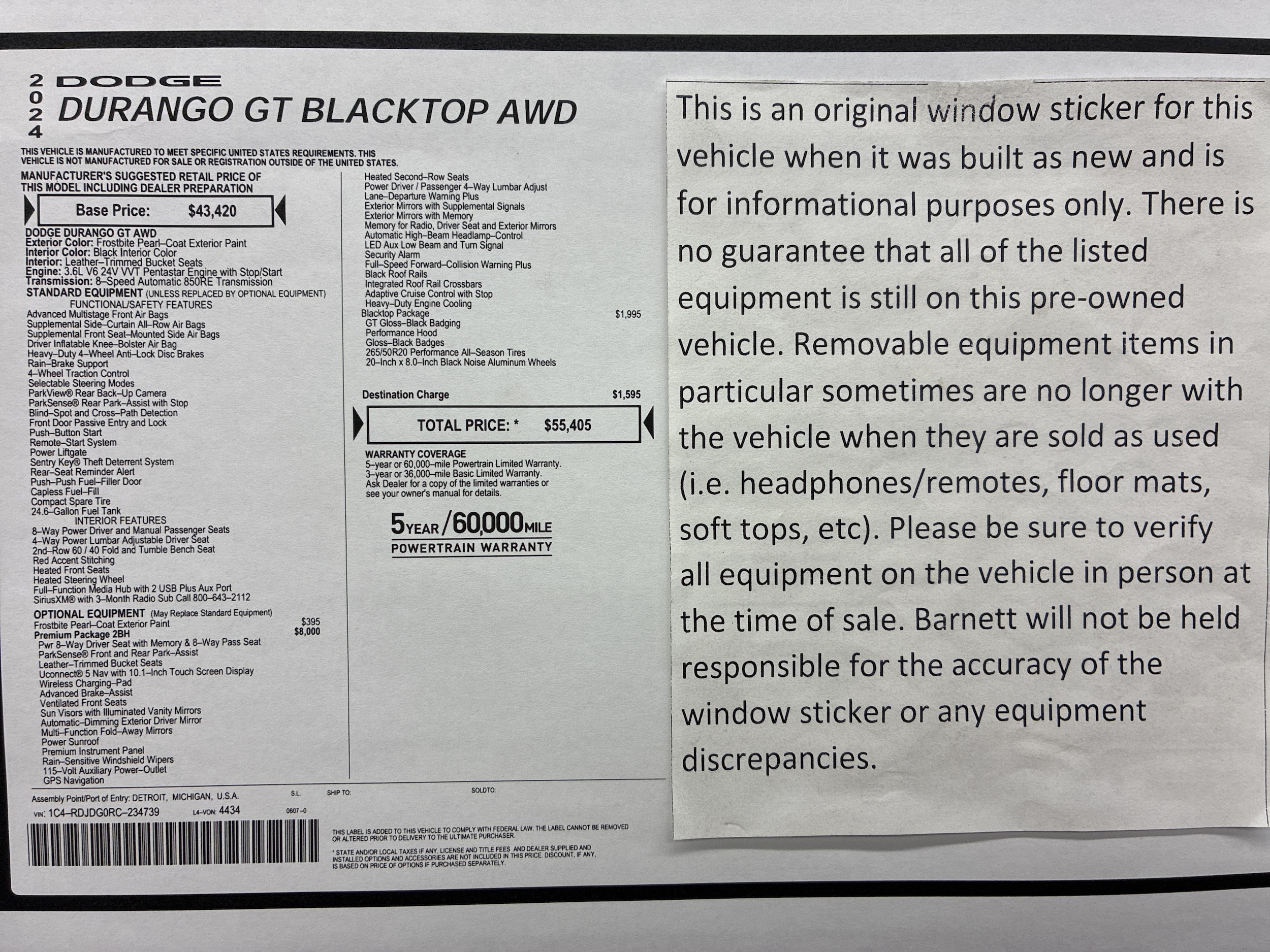 Certified 2024 Dodge Durango GT with VIN 1C4RDJDG0RC234739 for sale in White Bear Lake, Minnesota