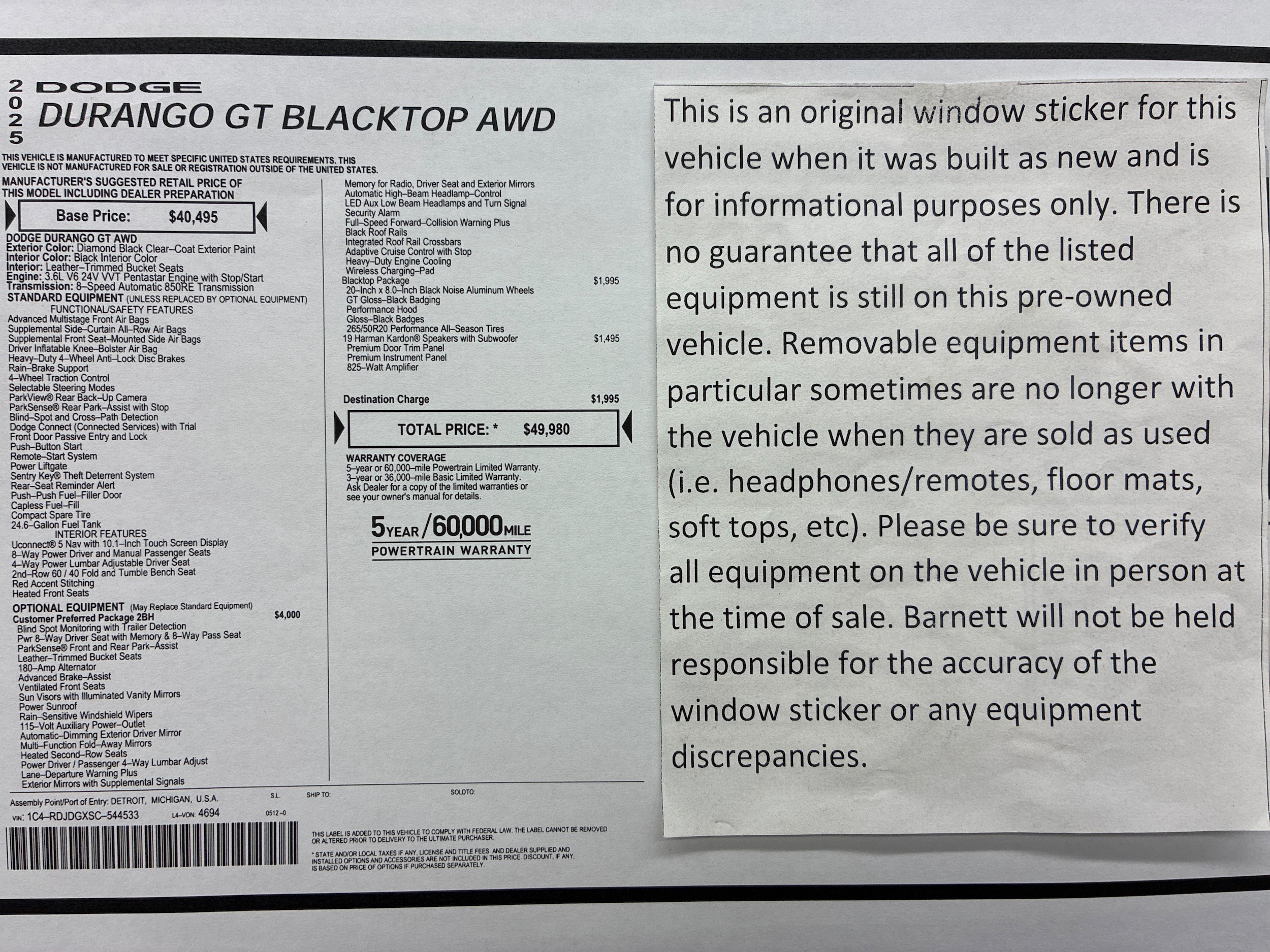 Used 2025 Dodge Durango GT with VIN 1C4RDJDGXSC544533 for sale in White Bear Lake, Minnesota