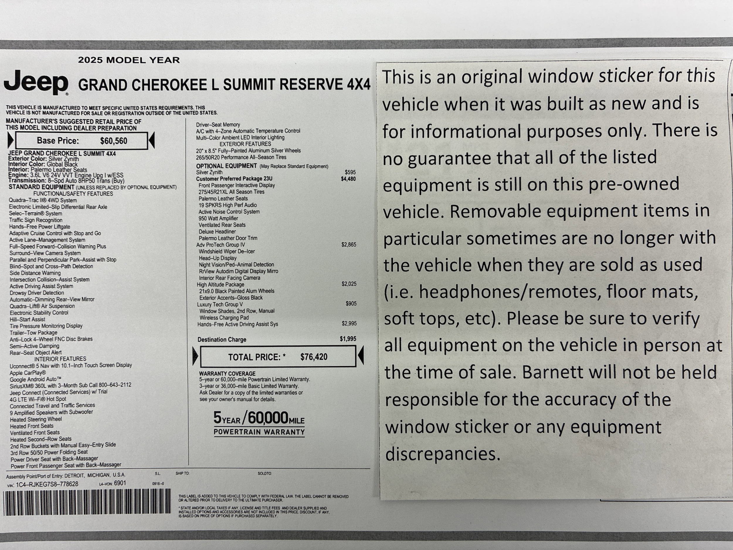 Certified 2025 Jeep Grand Cherokee L Summit Reserve with VIN 1C4RJKEG7S8778628 for sale in White Bear Lake, Minnesota