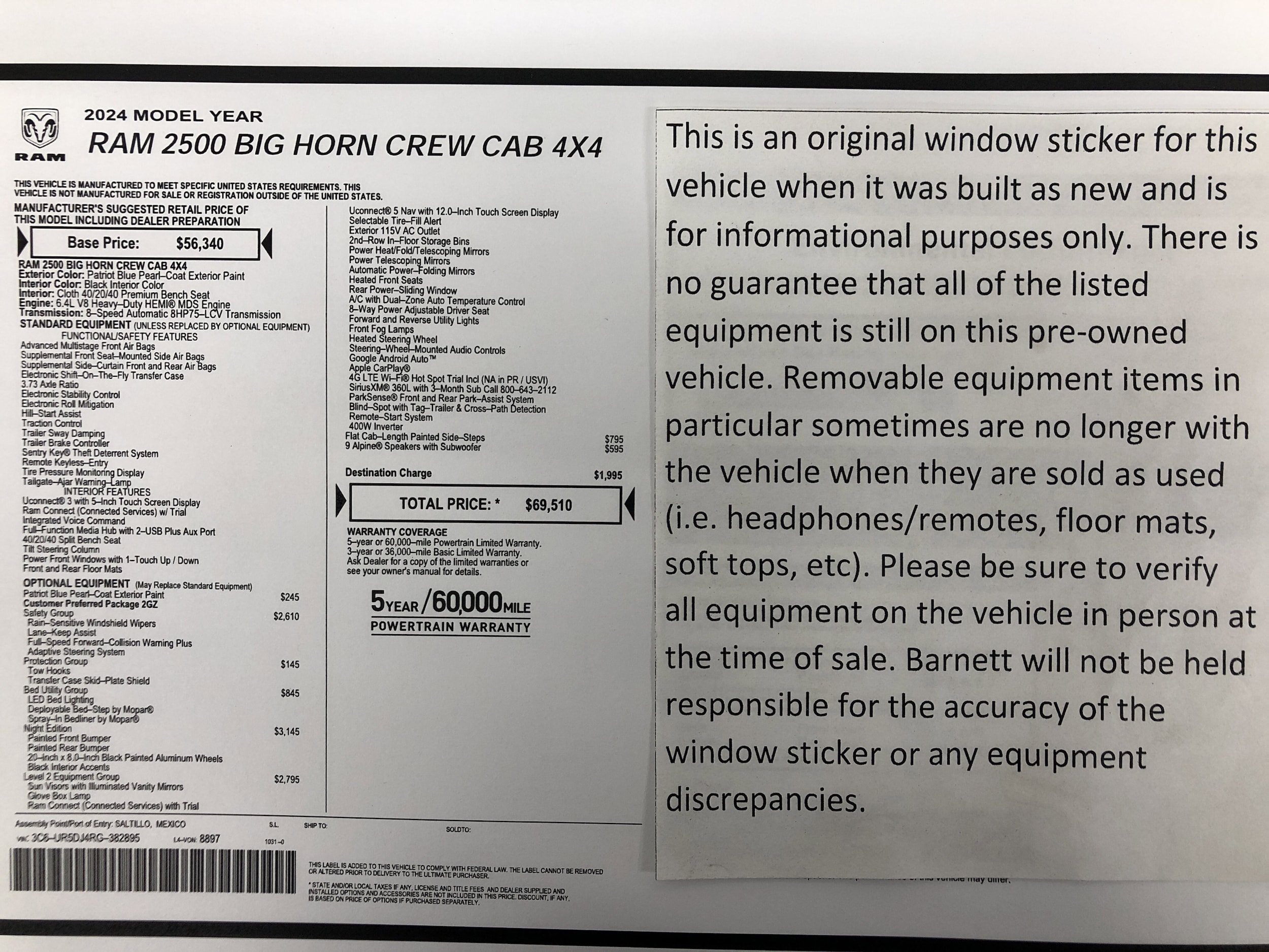 Certified 2024 RAM Ram 2500 Pickup Big Horn with VIN 3C6UR5DJ4RG382895 for sale in White Bear Lake, Minnesota