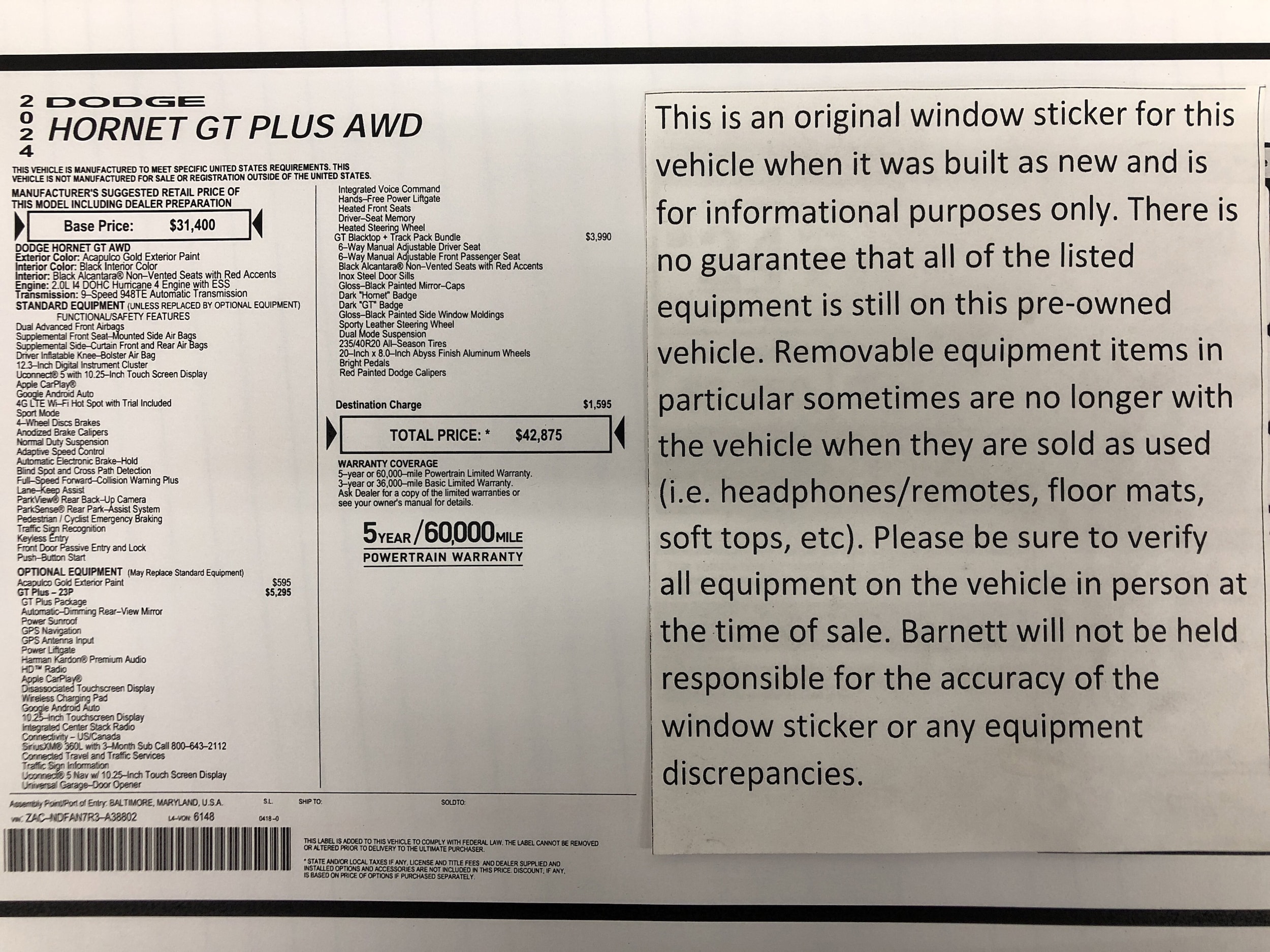 Used 2024 Dodge Hornet GT with VIN ZACNDFAN7R3A38802 for sale in White Bear Lake, Minnesota