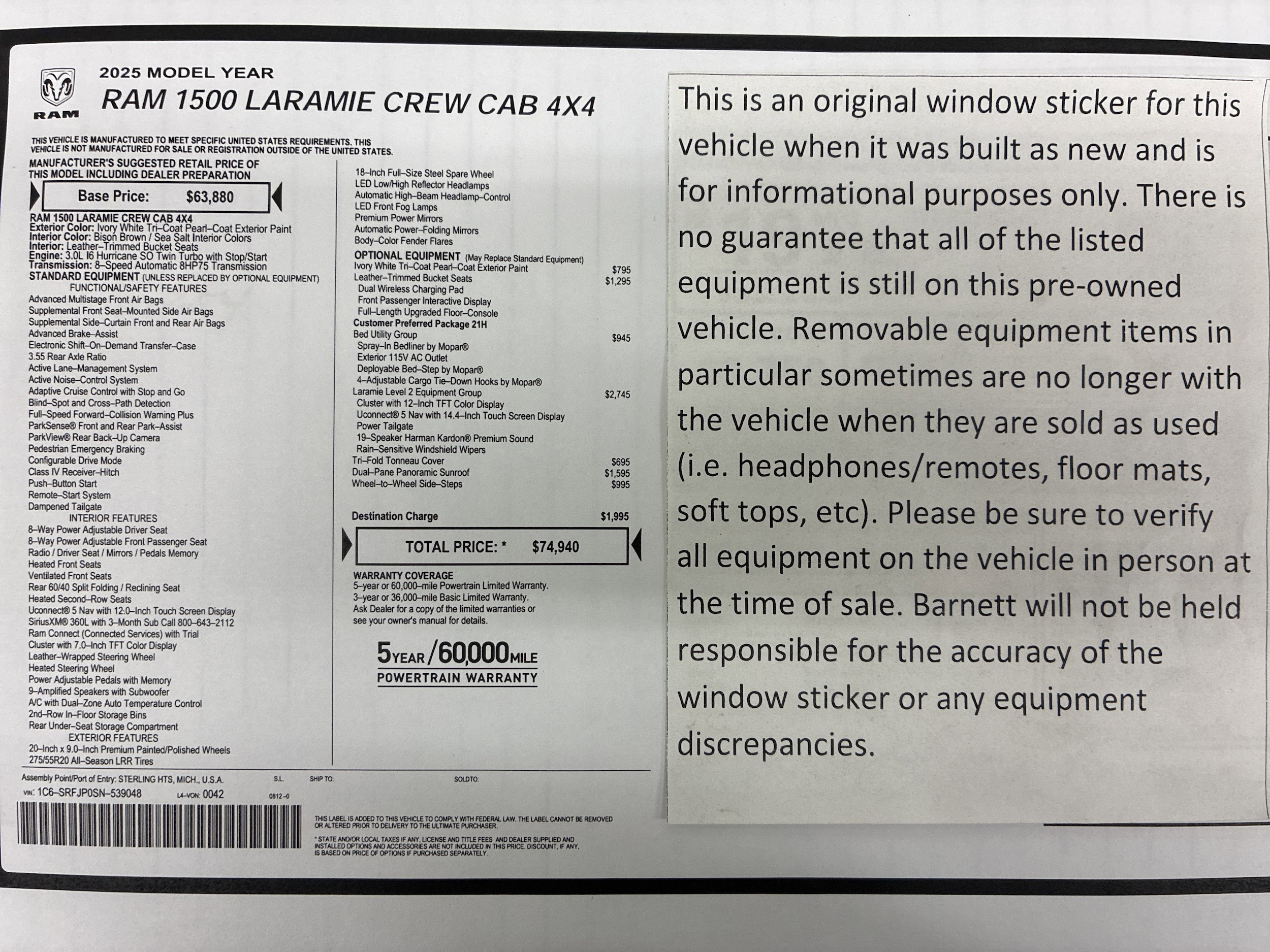 Used 2025 RAM Ram 1500 Pickup Laramie with VIN 1C6SRFJP0SN539048 for sale in White Bear Lake, Minnesota
