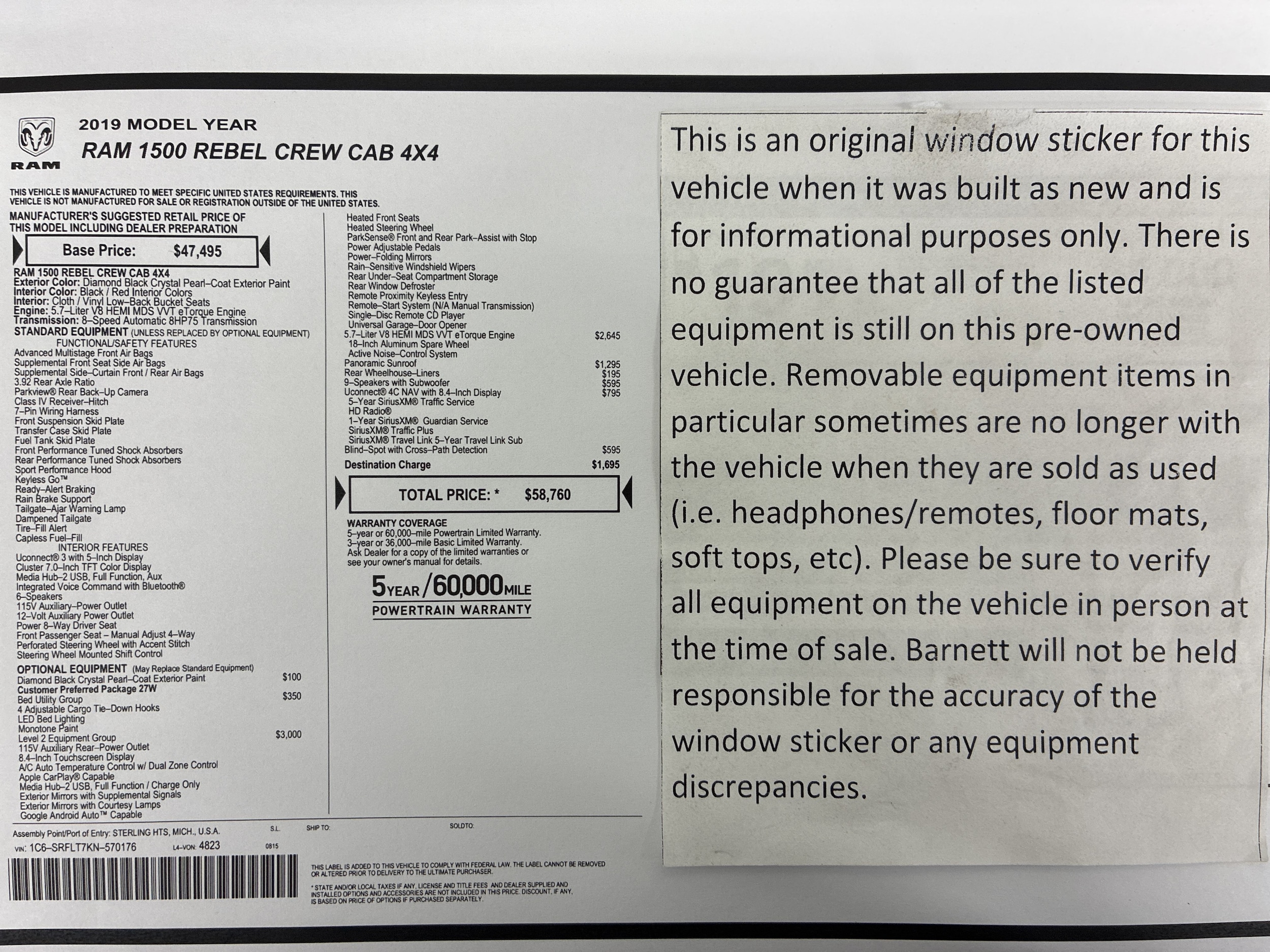 Used 2019 RAM Ram 1500 Pickup Rebel with VIN 1C6SRFLT7KN570176 for sale in Saint Paul, Minnesota