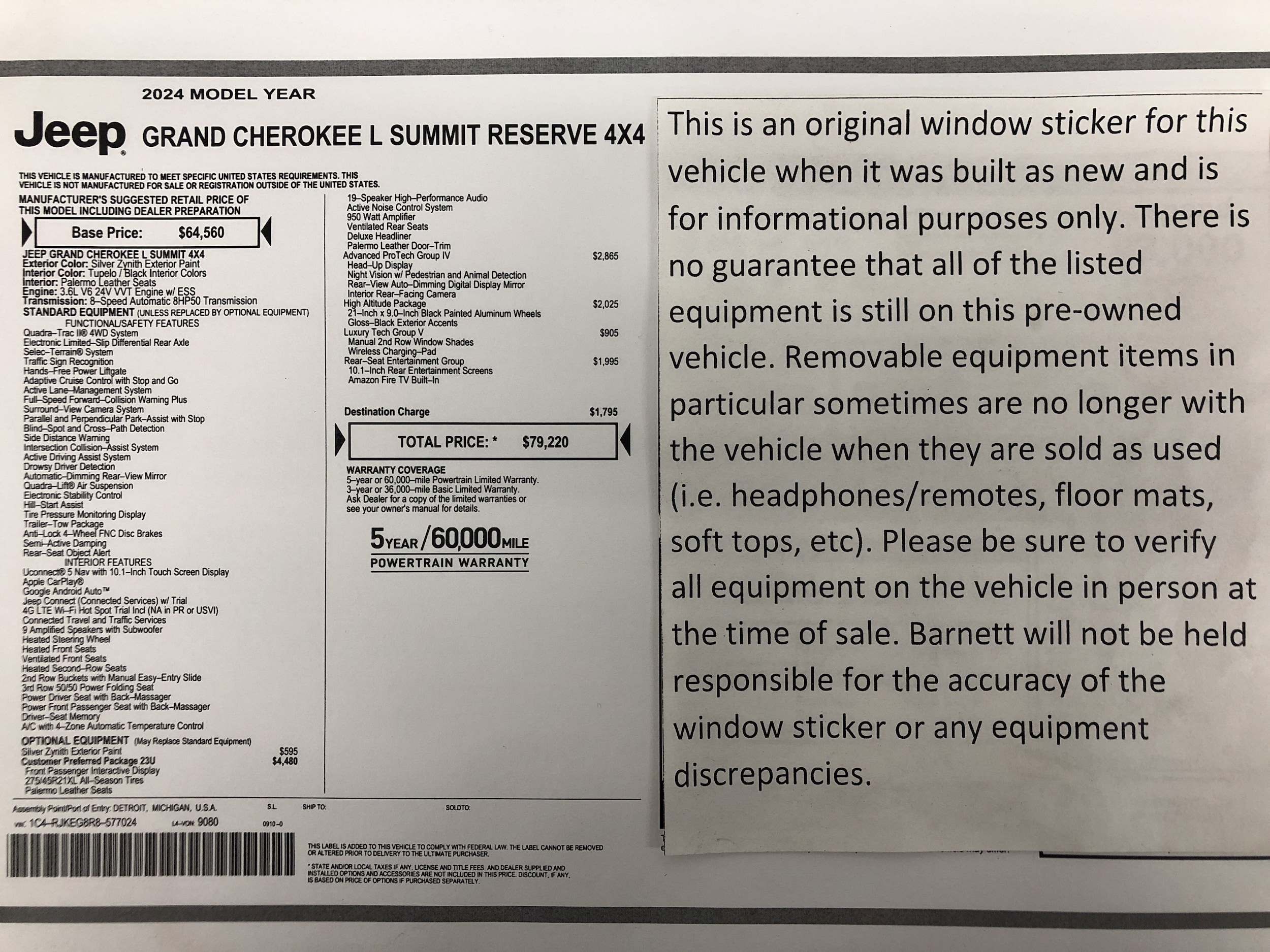 Certified 2024 Jeep Grand Cherokee L Summit Reserve with VIN 1C4RJKEG8R8577024 for sale in White Bear Lake, Minnesota