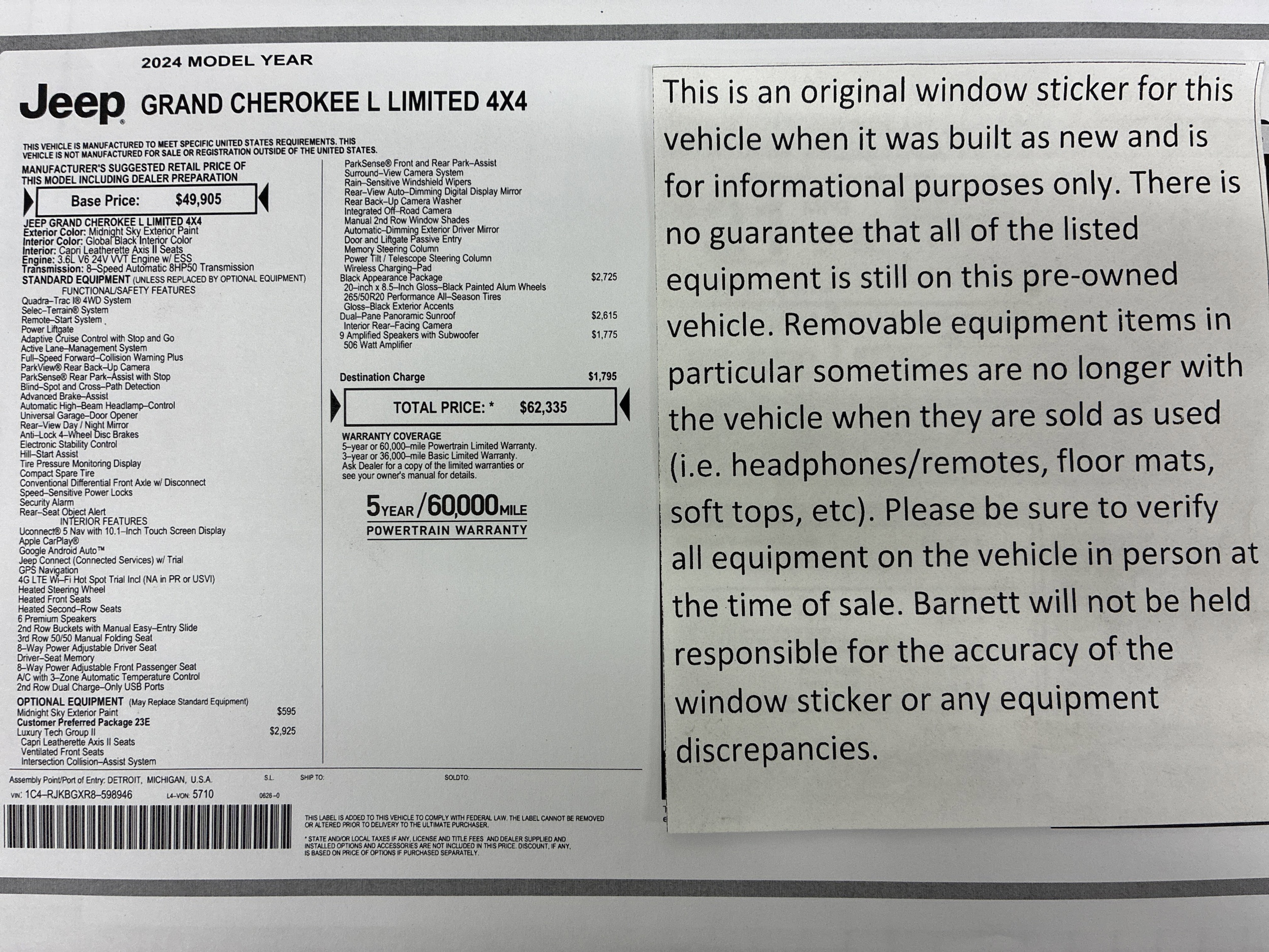 Certified 2024 Jeep Grand Cherokee L Limited with VIN 1C4RJKBGXR8598946 for sale in White Bear Lake, Minnesota