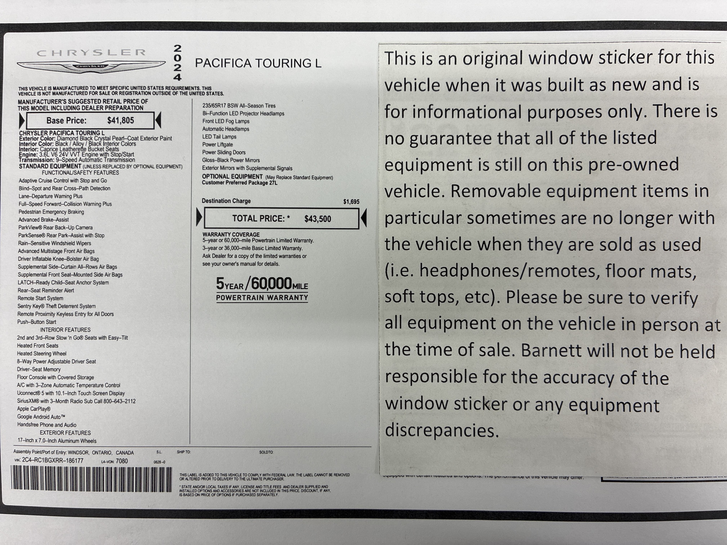 Certified 2024 Chrysler Pacifica Touring L with VIN 2C4RC1BGXRR186177 for sale in White Bear Township, Minnesota