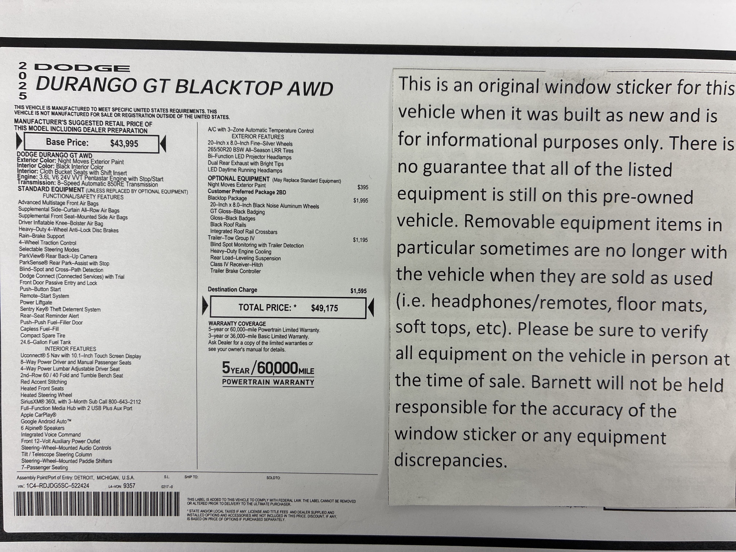 Certified 2025 Dodge Durango GT with VIN 1C4RDJDG5SC522424 for sale in White Bear Township, Minnesota