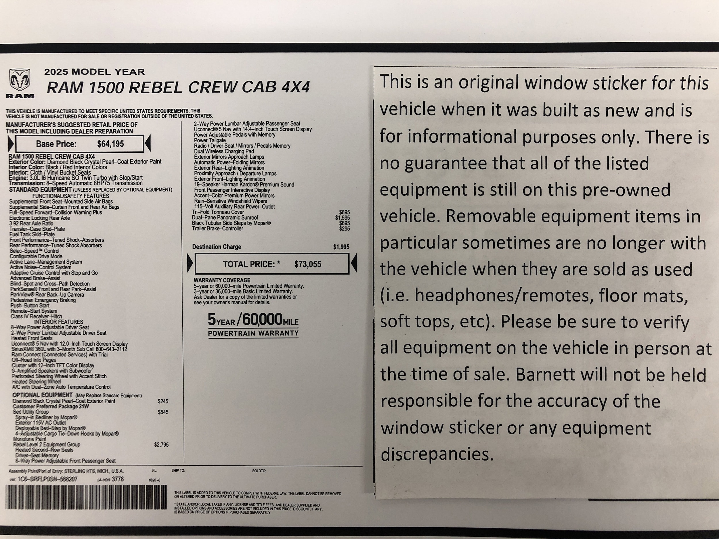 Used 2025 RAM Ram 1500 Pickup Rebel with VIN 1C6SRFLP0SN568207 for sale in White Bear Lake, Minnesota