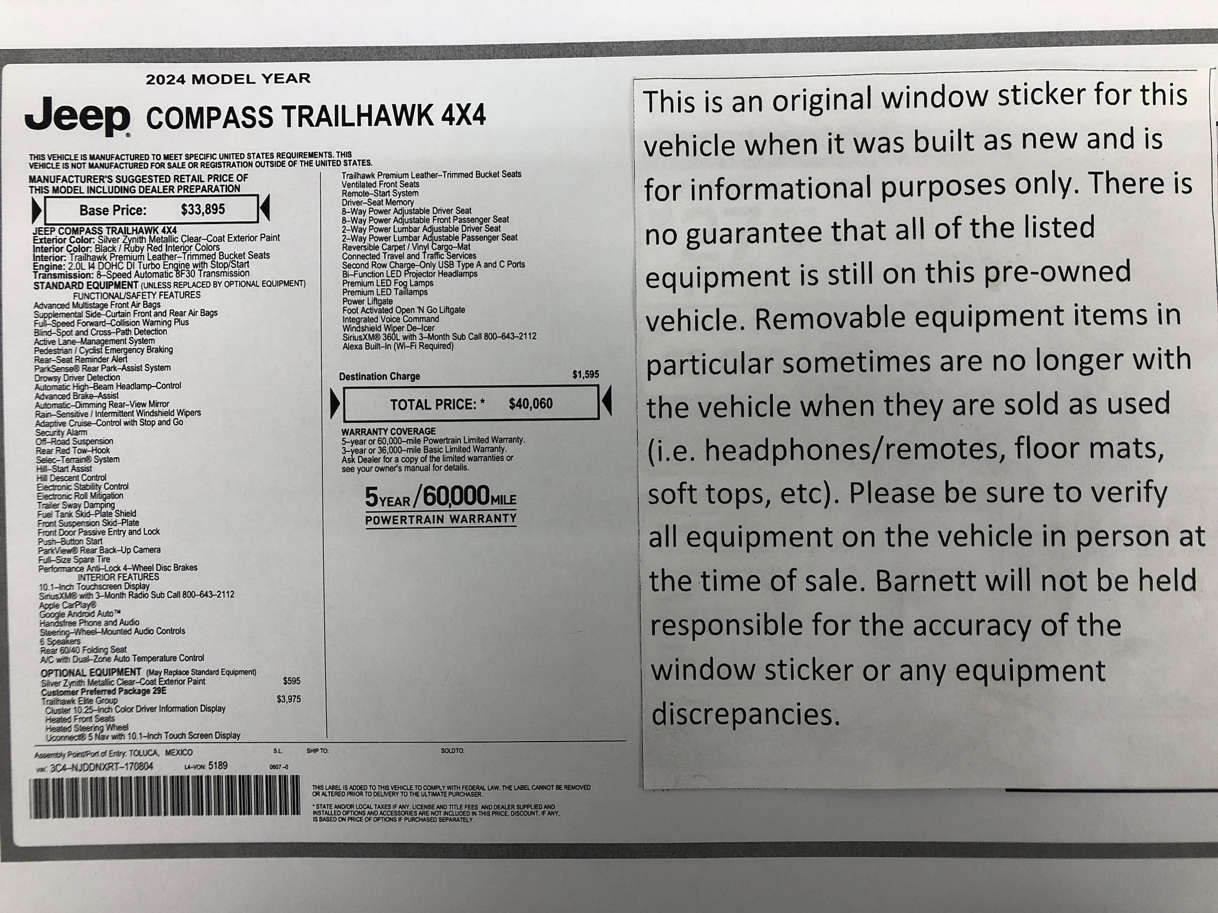 Certified 2024 Jeep Compass Trailhawk with VIN 3C4NJDDNXRT170804 for sale in White Bear Lake, Minnesota