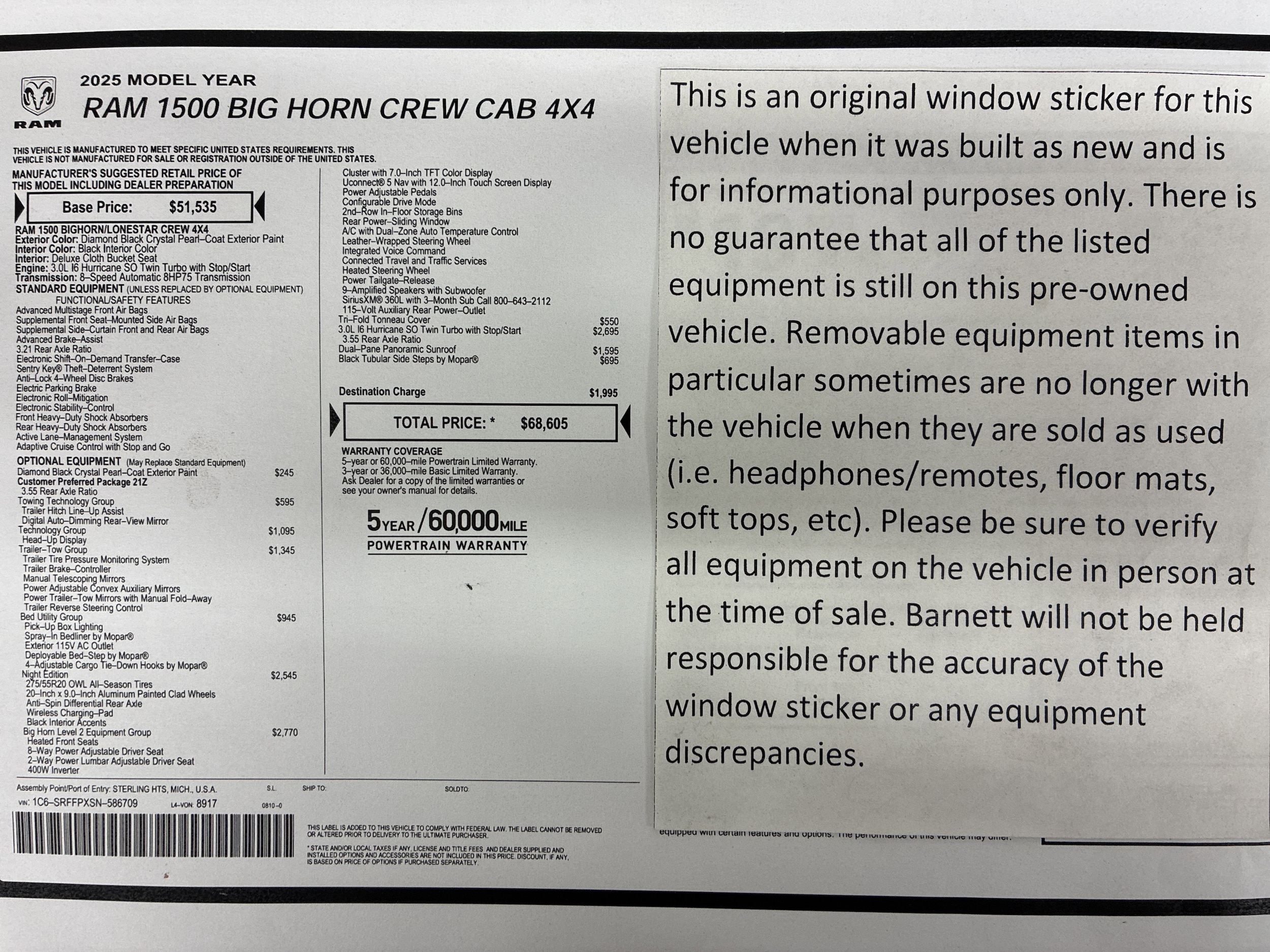 Certified 2025 RAM Ram 1500 Pickup Big Horn/Lone Star with VIN 1C6SRFFPXSN586709 for sale in White Bear Lake, Minnesota