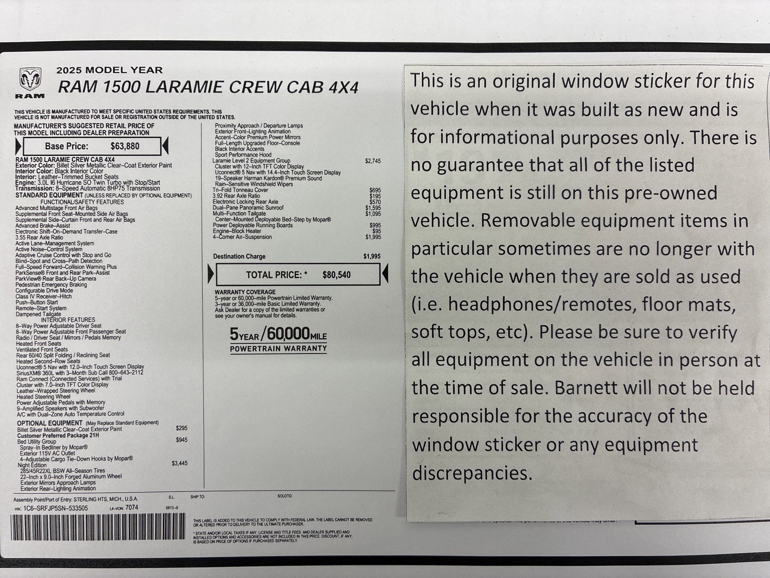 Certified 2025 RAM Ram 1500 Pickup Laramie with VIN 1C6SRFJP5SN533505 for sale in White Bear Lake, Minnesota