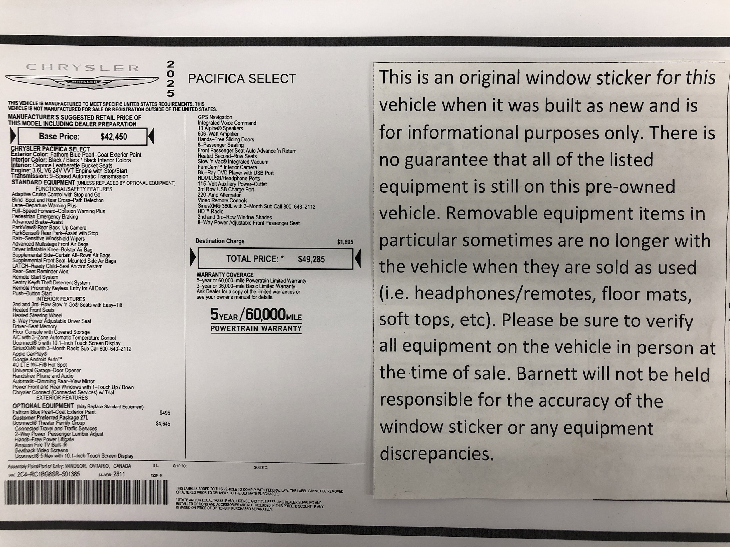 Used 2025 Chrysler Pacifica Select with VIN 2C4RC1BG8SR501385 for sale in White Bear Lake, Minnesota