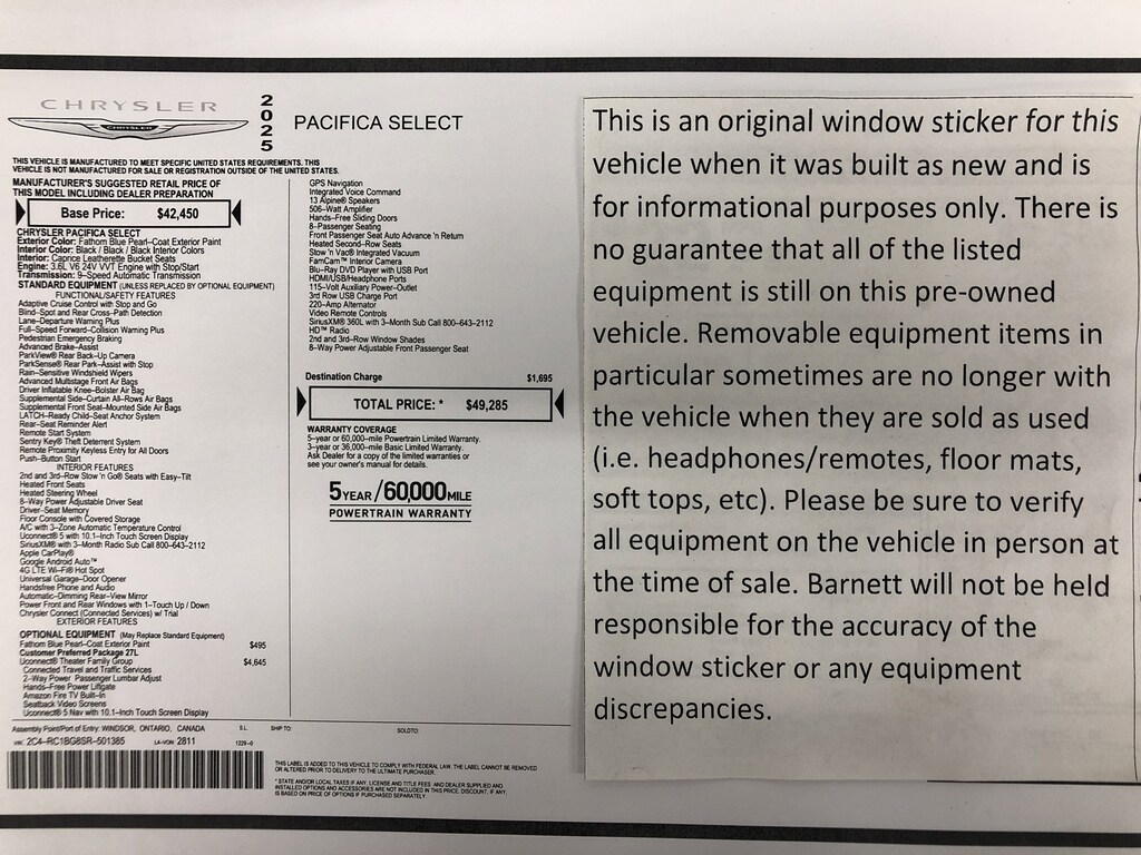 Used 2025 Chrysler Pacifica Select Van Passenger Van