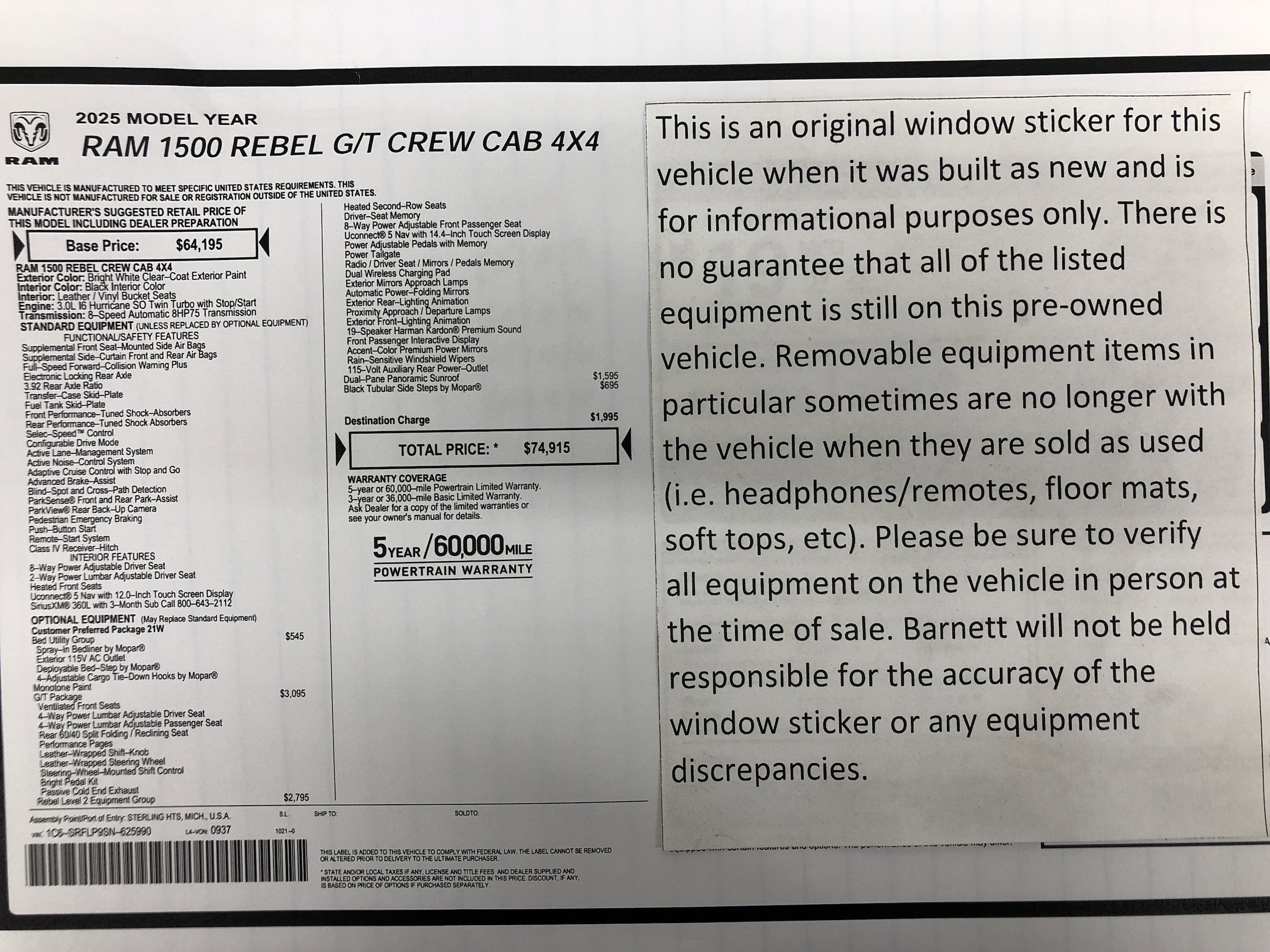 Certified 2025 RAM Ram 1500 Pickup Rebel with VIN 1C6SRFLP9SN625990 for sale in White Bear Lake, Minnesota