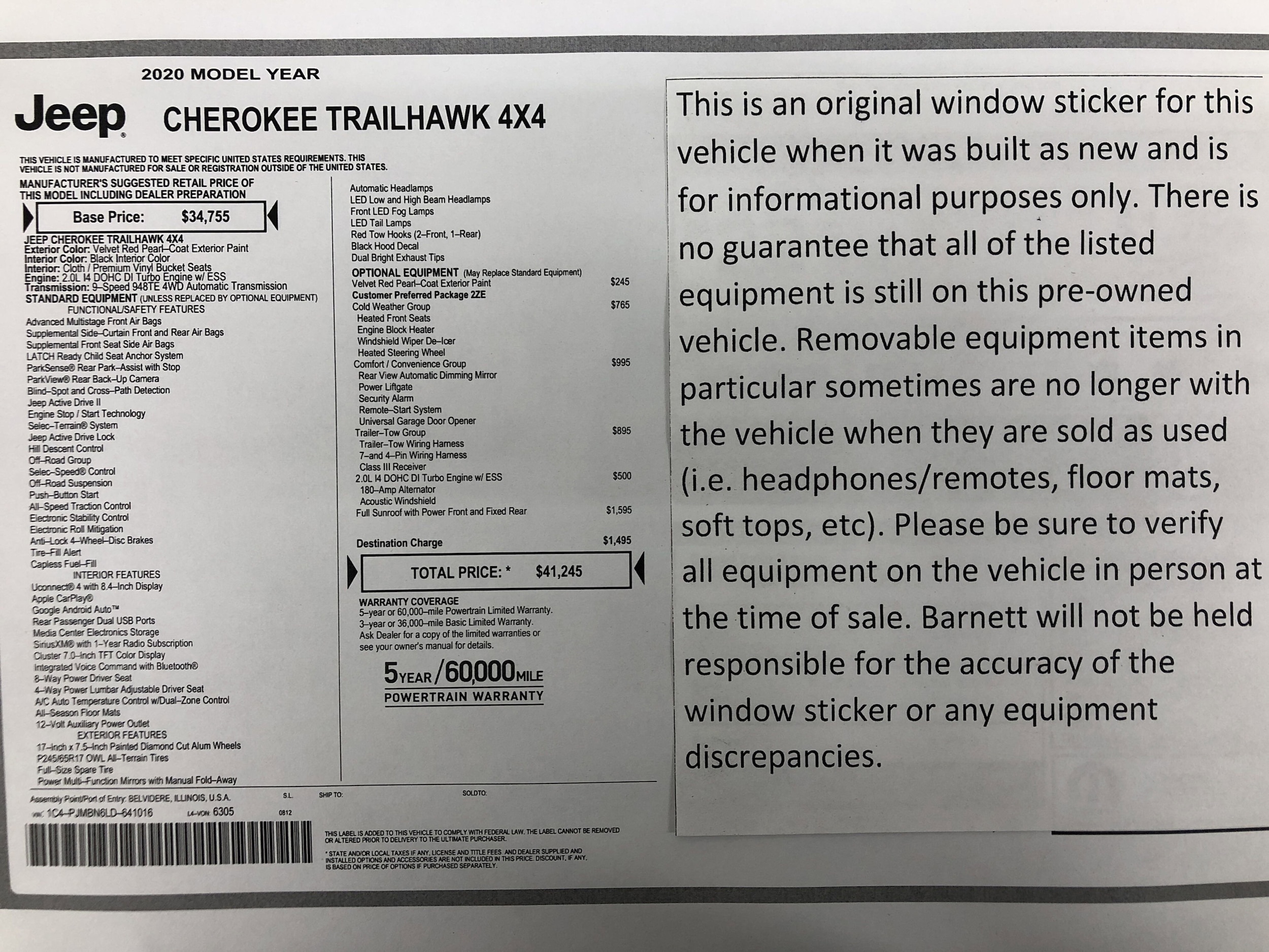 Used 2020 Jeep Cherokee Trailhawk with VIN 1C4PJMBN6LD641016 for sale in White Bear Lake, Minnesota