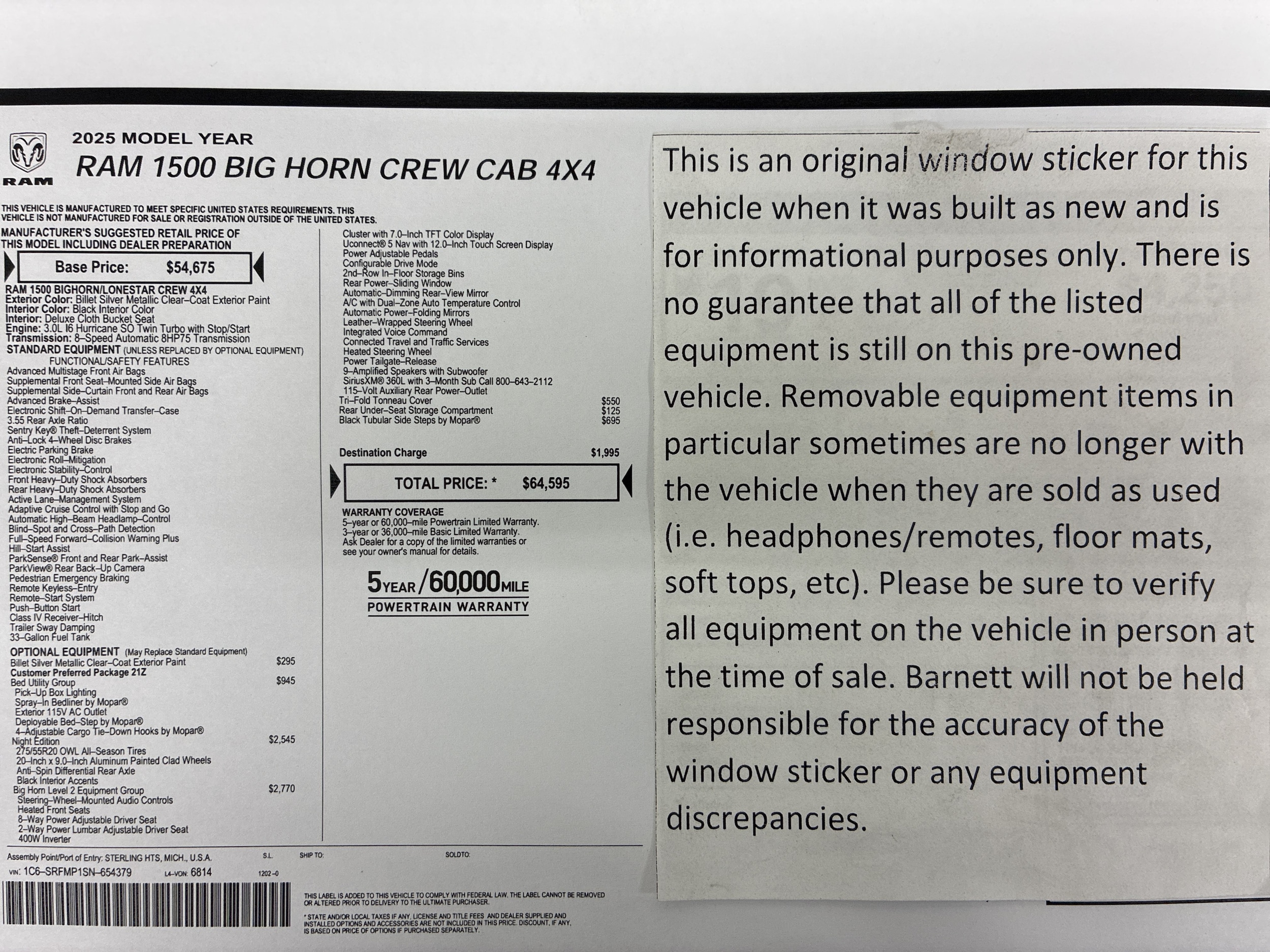 Certified 2025 RAM Ram 1500 Pickup Big Horn/Lone Star with VIN 1C6SRFMP1SN654379 for sale in Saint Paul, Minnesota