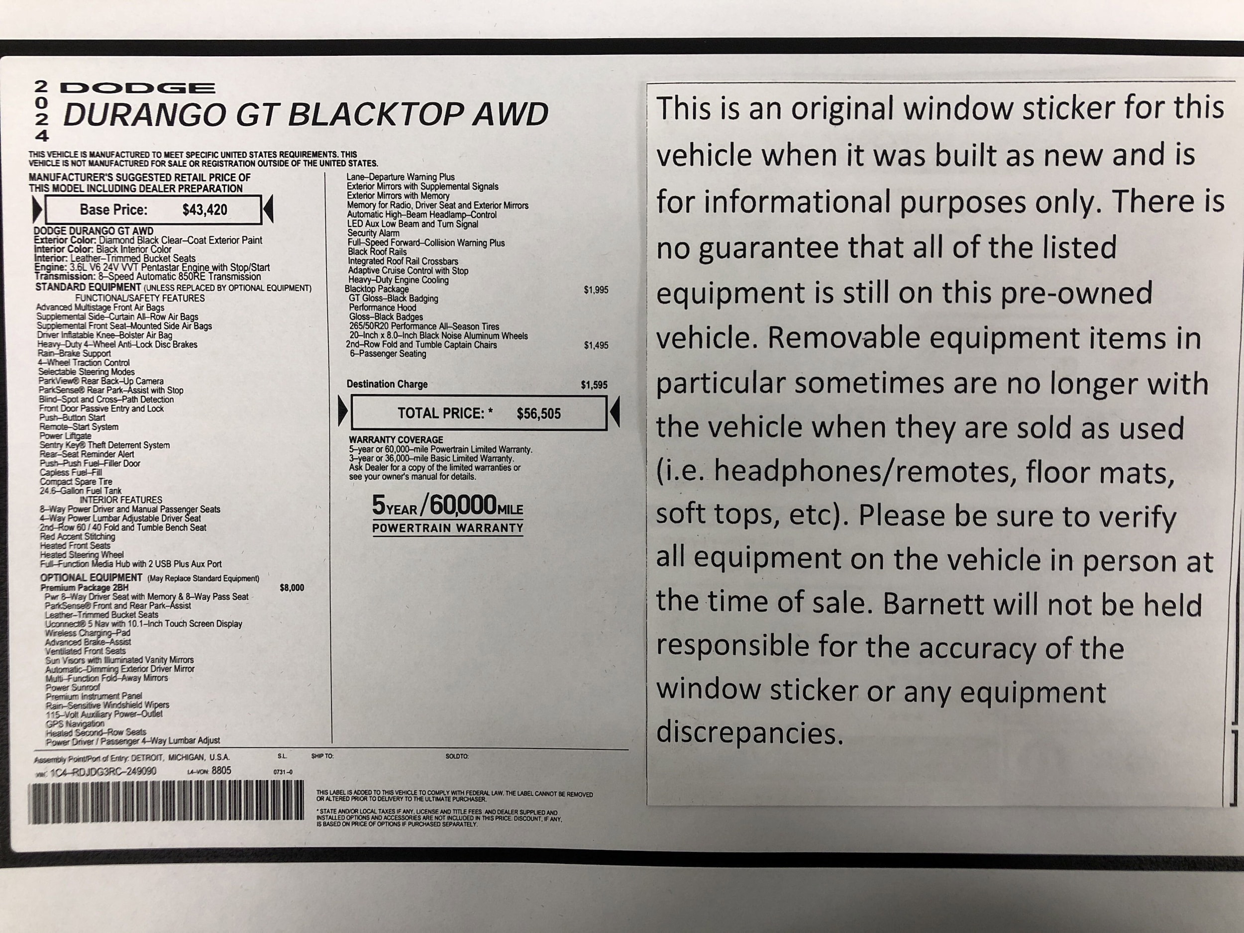 Used 2024 Dodge Durango GT with VIN 1C4RDJDG3RC249090 for sale in White Bear Lake, Minnesota
