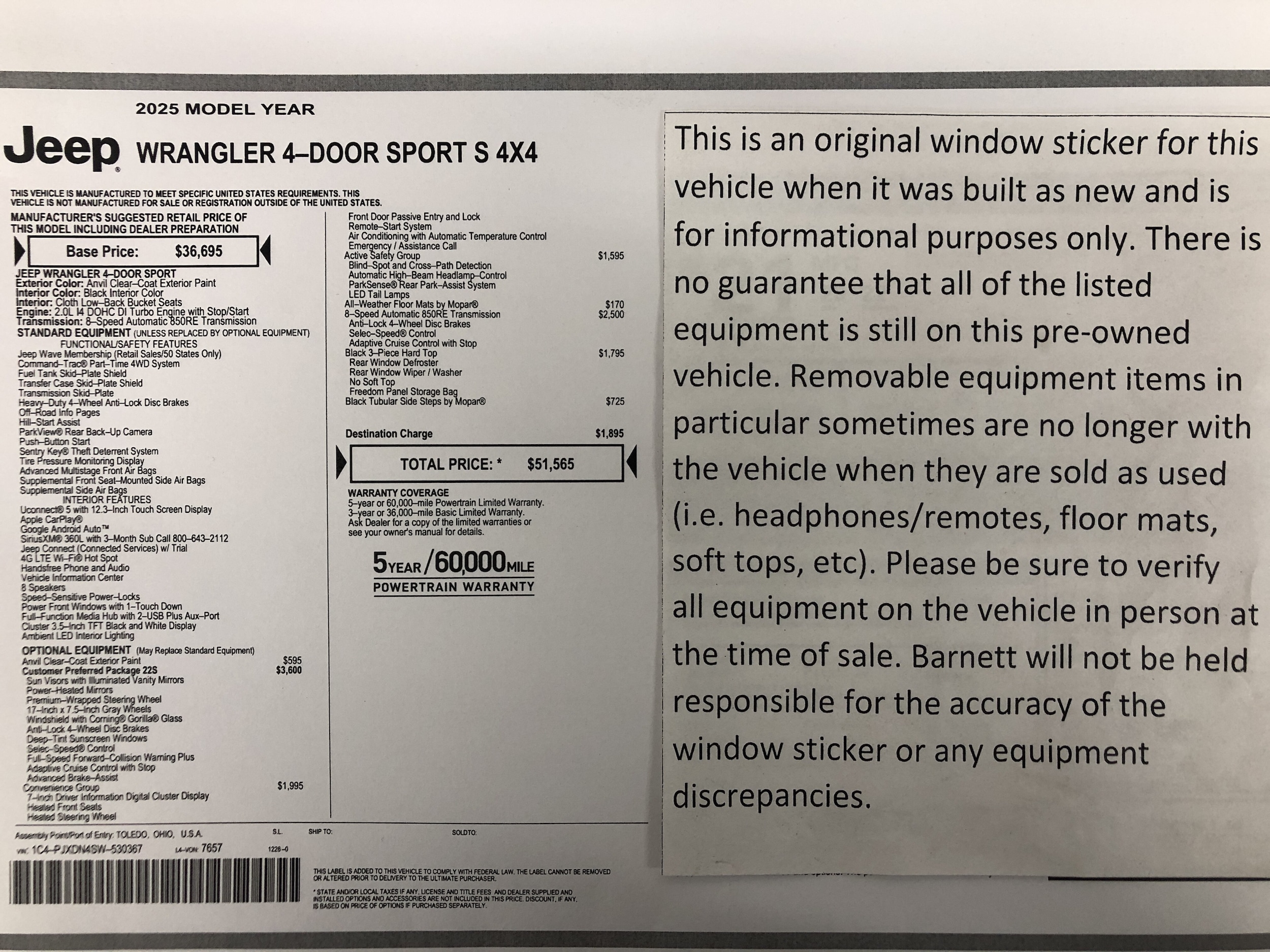 Certified 2025 Jeep Wrangler 4-Door Sport S with VIN 1C4PJXDN4SW530367 for sale in White Bear Township, Minnesota