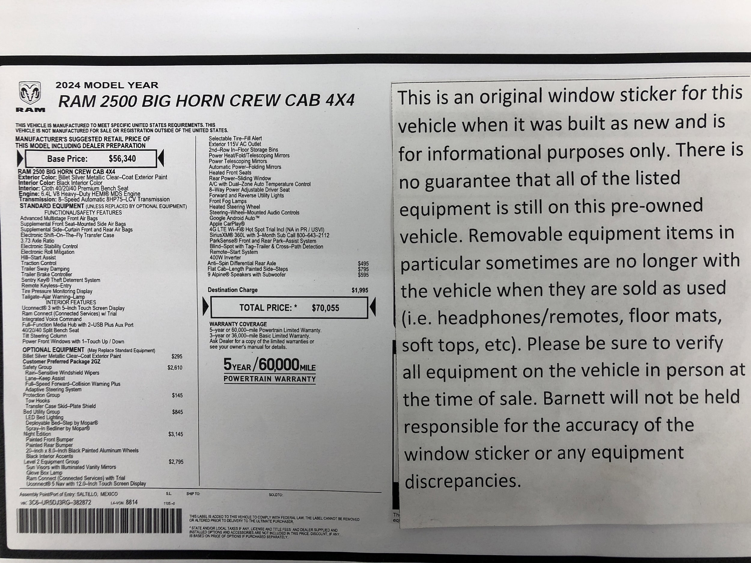 Used 2024 RAM Ram 2500 Pickup Big Horn with VIN 3C6UR5DJ3RG382872 for sale in White Bear Lake, Minnesota