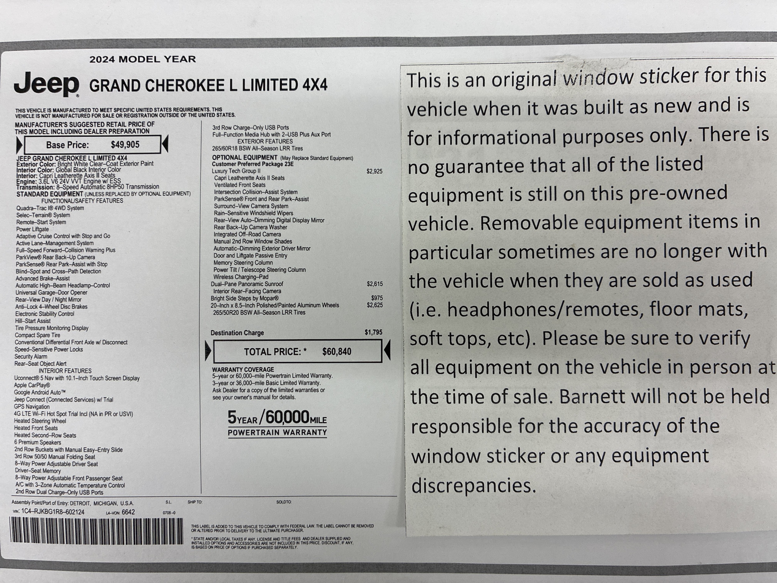 Certified 2024 Jeep Grand Cherokee L Limited with VIN 1C4RJKBG1R8602124 for sale in White Bear Lake, Minnesota
