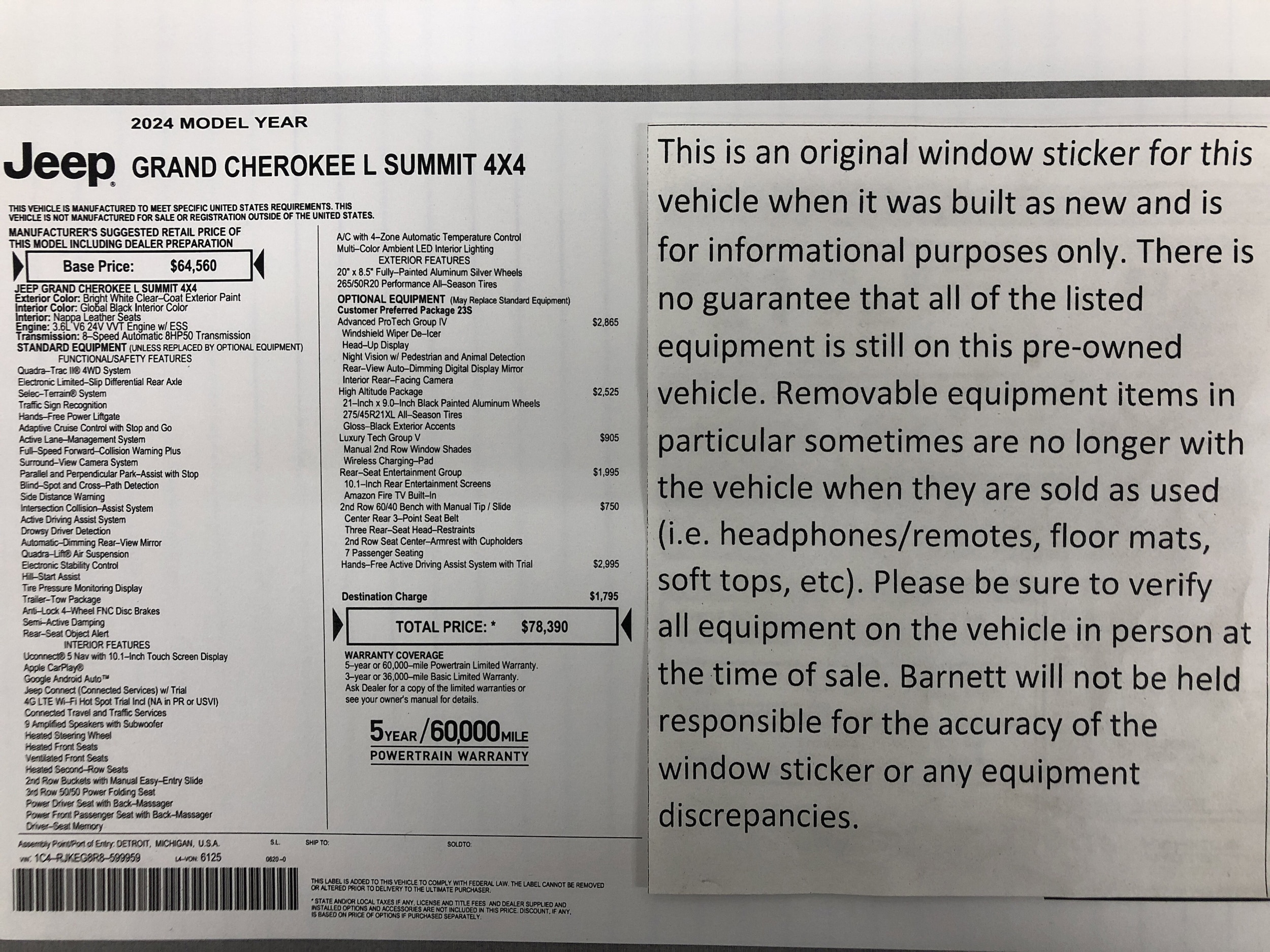 Certified 2024 Jeep Grand Cherokee L Summit with VIN 1C4RJKEG8R8599959 for sale in White Bear Lake, Minnesota