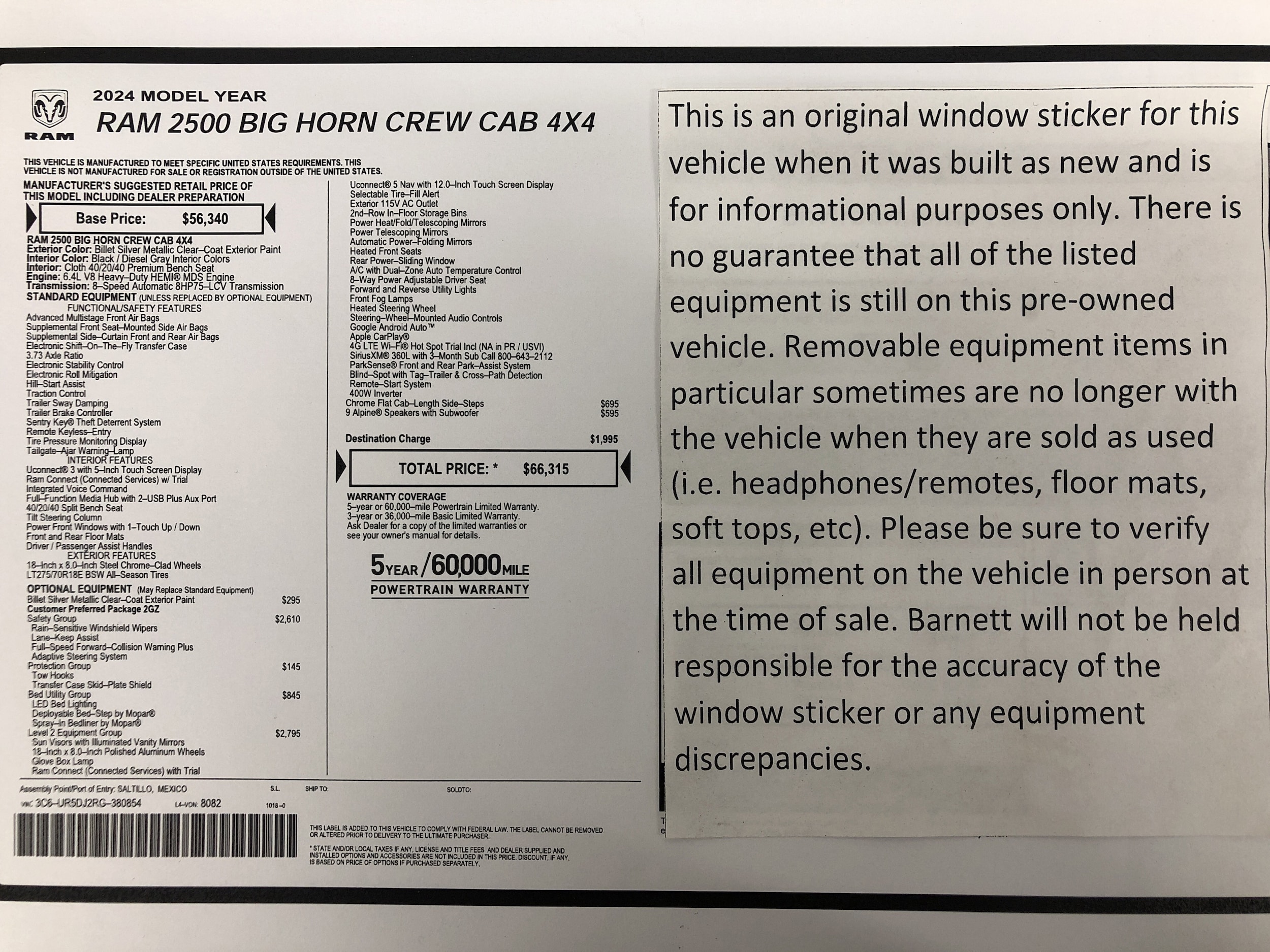 Certified 2024 RAM Ram 2500 Pickup Big Horn with VIN 3C6UR5DJ2RG380854 for sale in White Bear Lake, Minnesota
