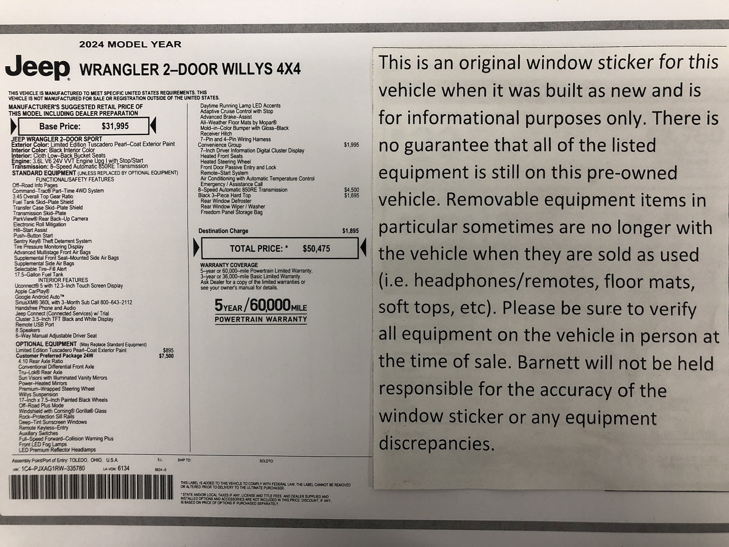 Certified 2024 Jeep Wrangler 2-Door Willys with VIN 1C4PJXAG1RW335780 for sale in White Bear Lake, Minnesota