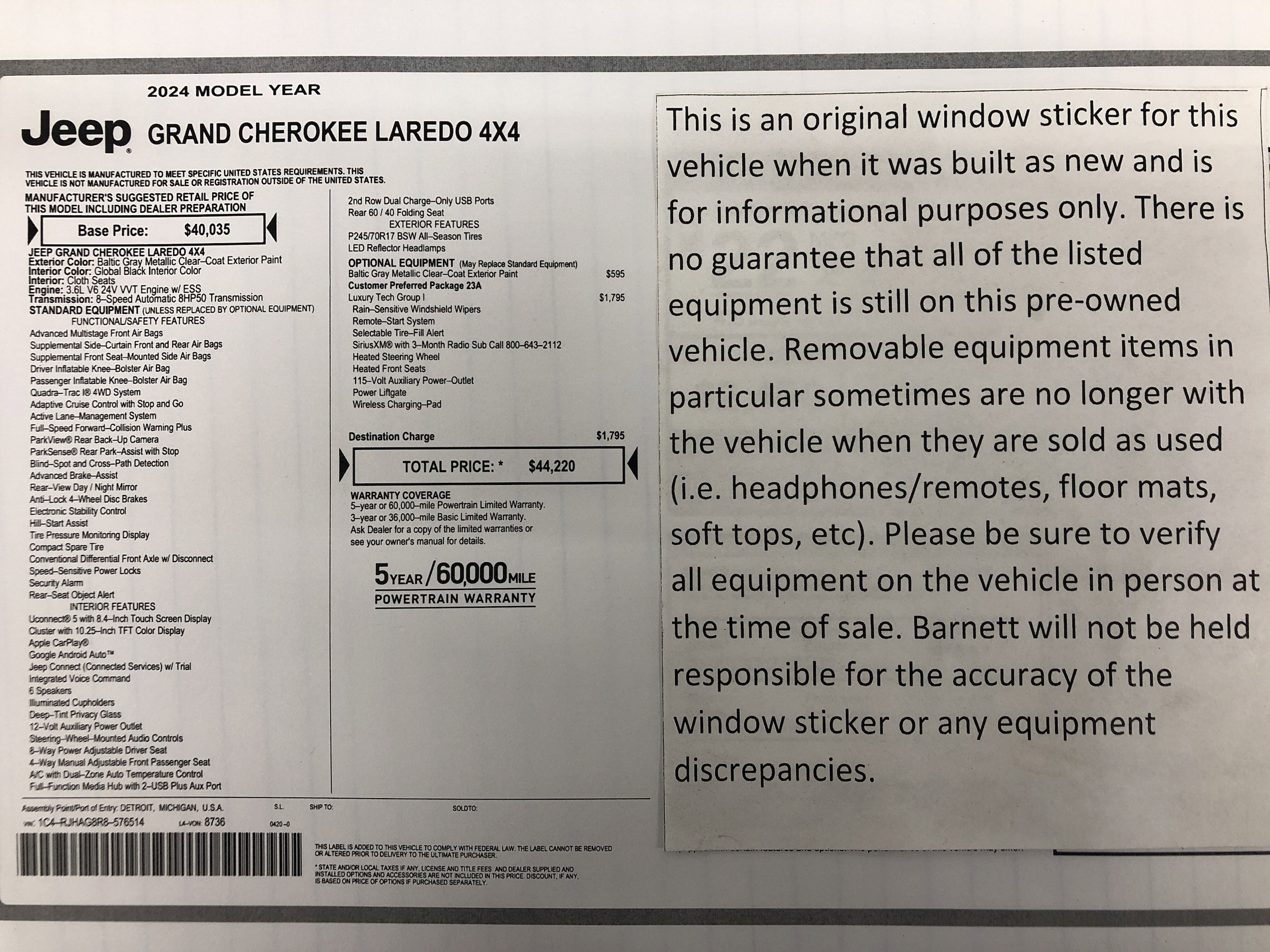 Used 2024 Jeep Grand Cherokee Laredo with VIN 1C4RJHAG8R8576514 for sale in White Bear Lake, Minnesota