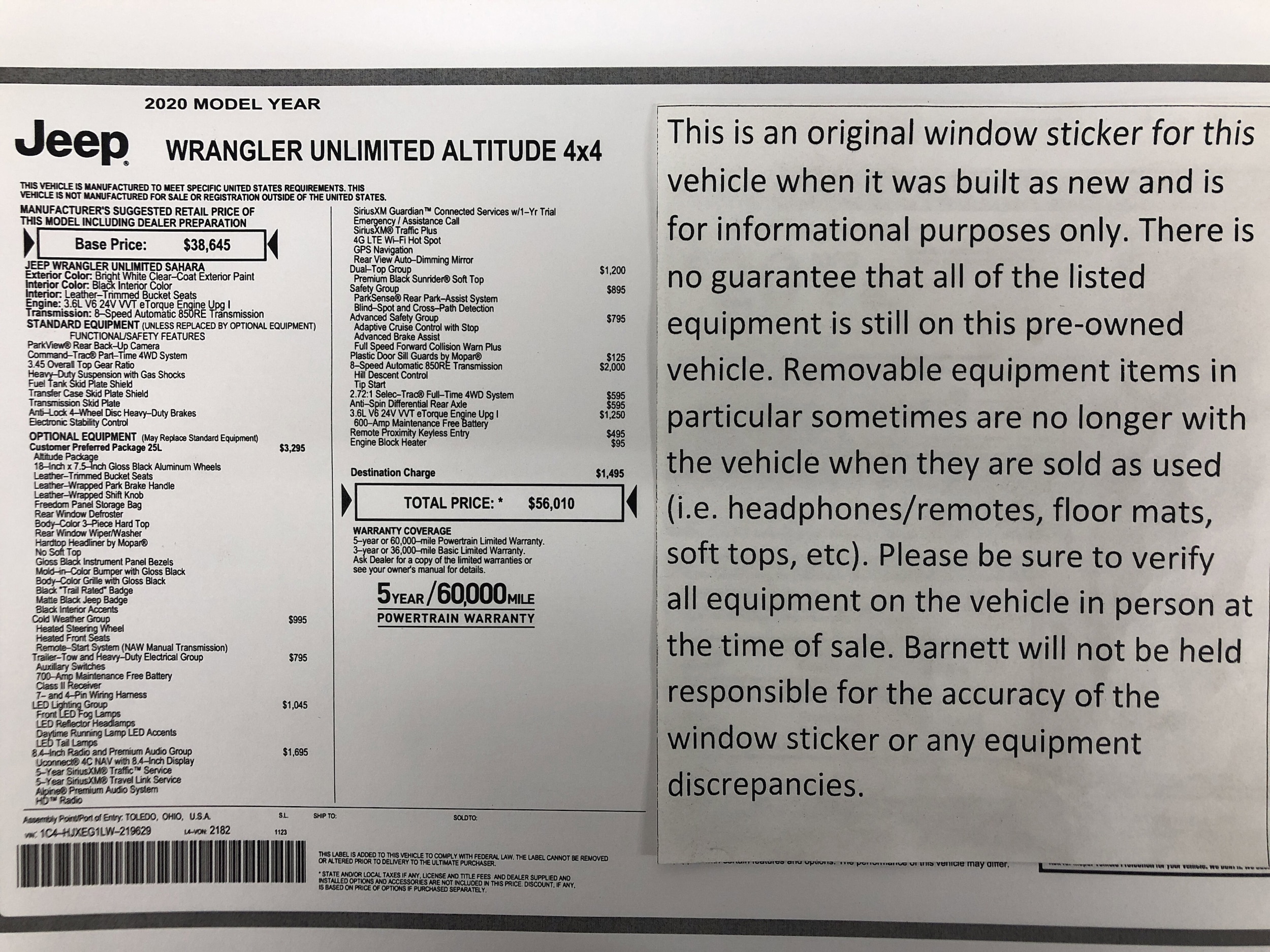 Used 2020 Jeep Wrangler Unlimited Sahara Altitude with VIN 1C4HJXEG1LW219629 for sale in White Bear Lake, Minnesota